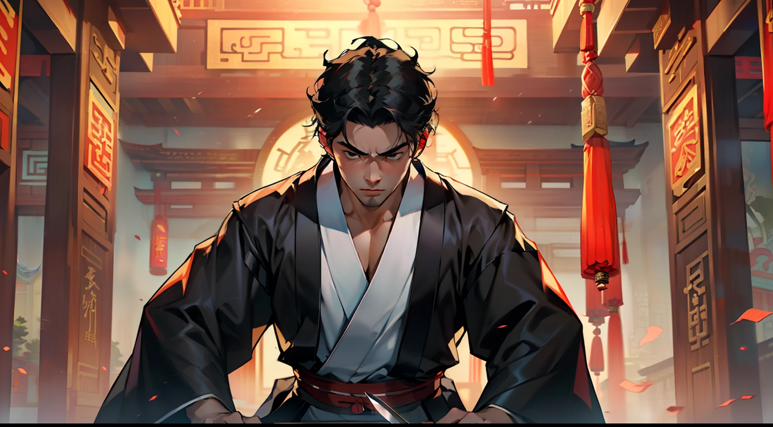 5, (1 person) (boy, (Black coat), (Black Hanfu youth), (Black hair), kingly air, gorgeous, handsome, outstanding temperament, face changes dramatically, swings his knife) (Background: inside the sacred and magnificent ancient Chinese imperial palace hall)