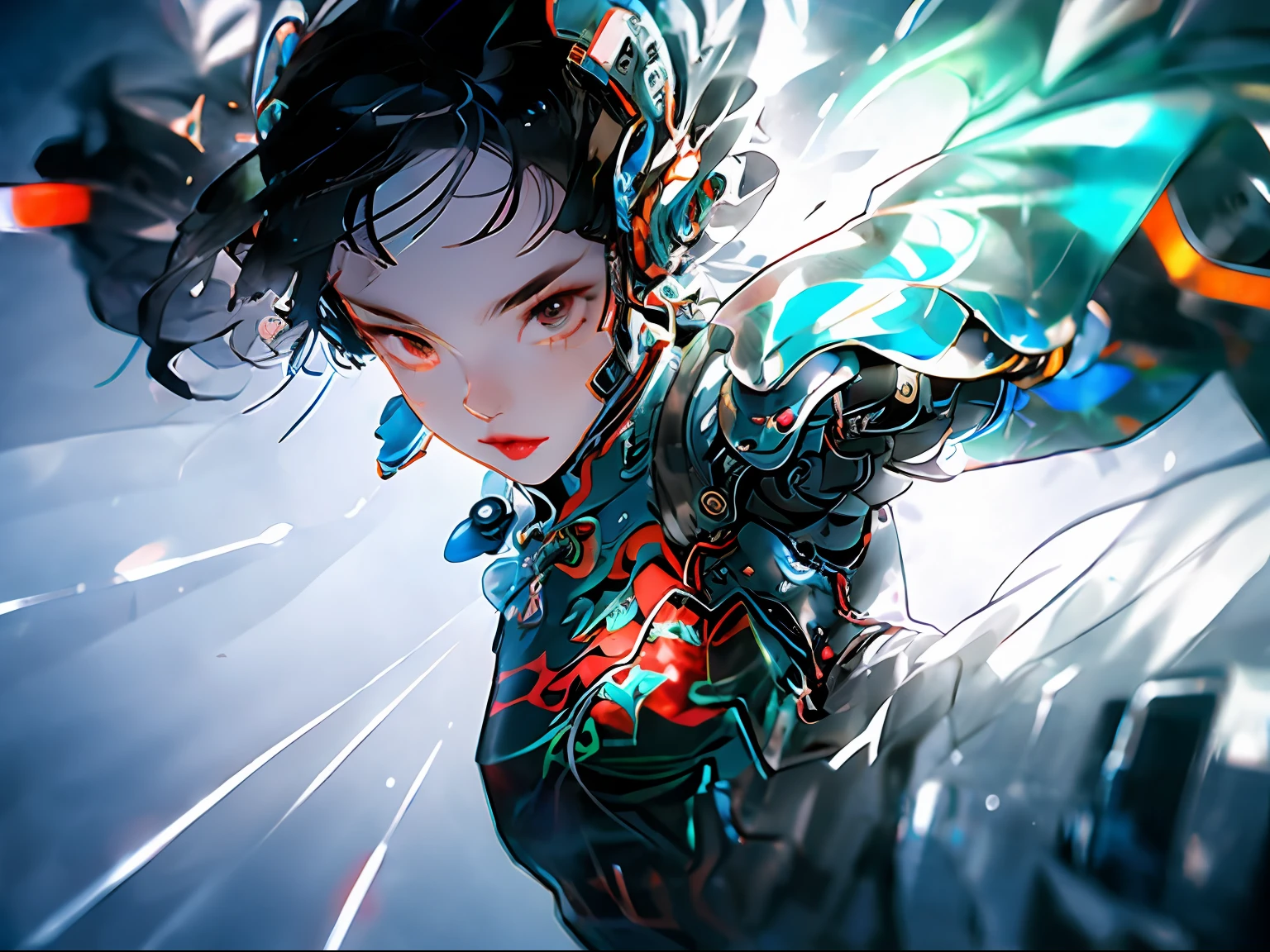 1 girl, Chinese_Clothes, preto e laranja, Cyberhan, Cheongsam, CIDADE CYBERPUNK, dynamic pose, fones de ouvido brilhantes, glowing hair accessories, cabelos longos, brincos brilhantes, colar brilhante, Cyberpunk, Cidade de alta tecnologia, full of mechanical and futuristic elements, Futurismo, Tecnologia, glowing neon, laranja, luz laranja, laser, digital background city sky, lua grande, with vehicles, best quality, master part, 8k, luz de borda de caractere, Super alto detalhe, alta qualidade, alta qualidade, A mulher mais bonita do homem, um monte de caixa de luz de publicidade no fundo