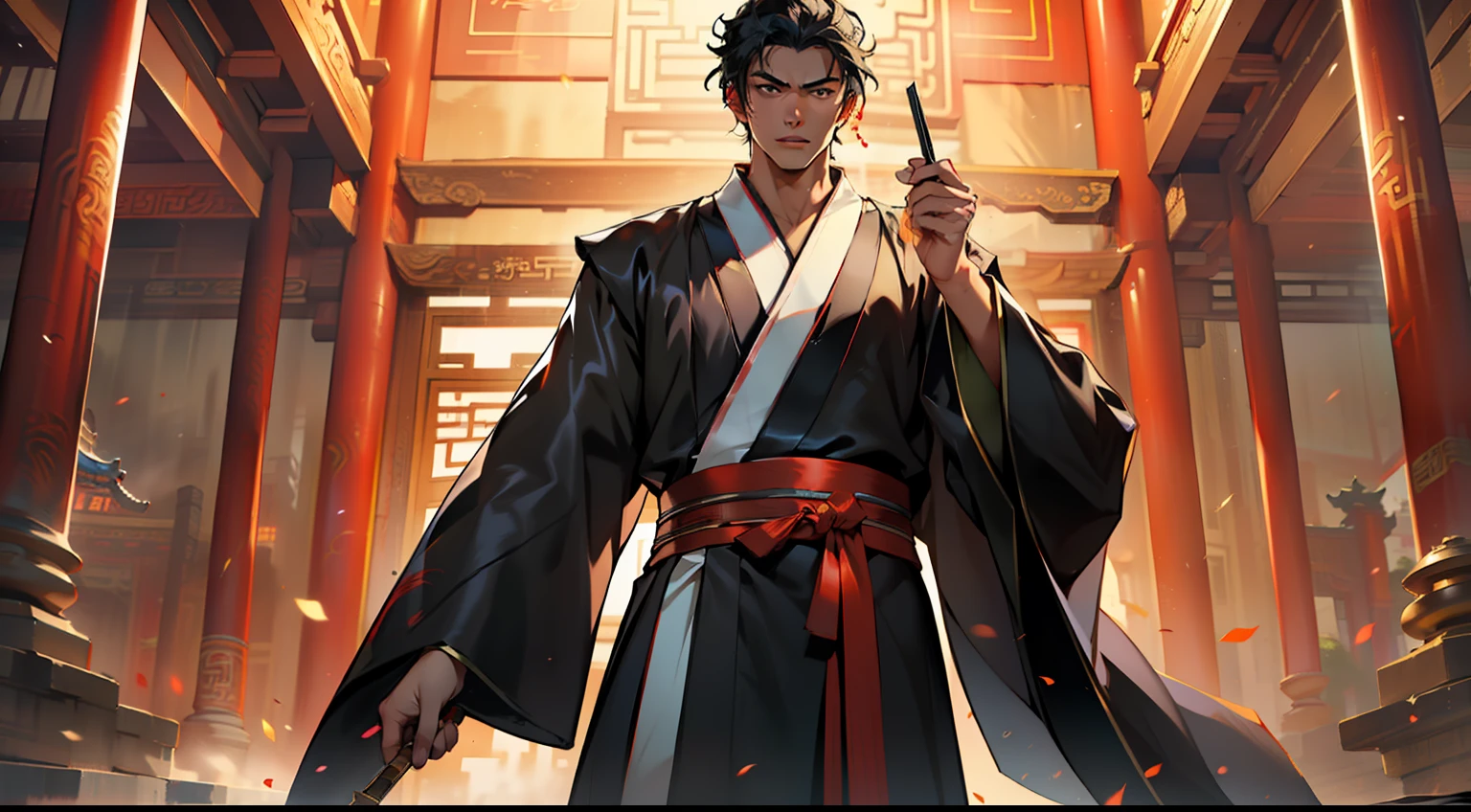 6, (1 person) (boy, (Black coat), (Black Hanfu youth), (Black hair), kingly air, gorgeous, handsome, outstanding temperament, chopping one after another) (Background: inside the sacred and magnificent ancient Chinese imperial palace hall)