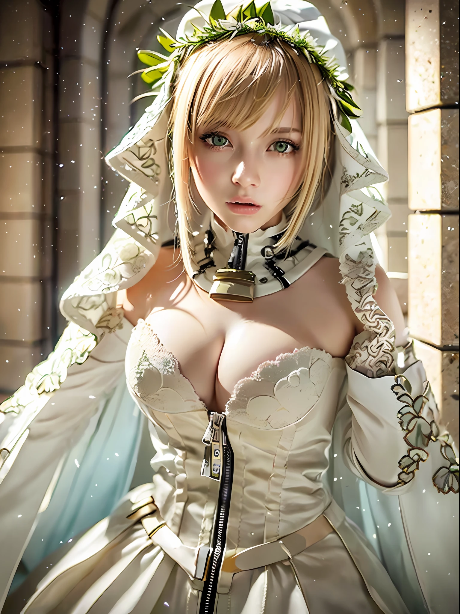 Bride2nd, SecondOutfit, (masterpiece:1.2), (ultra detailed), (8k, intricate), (85mm), light particles, lighting, full body, (highly detailed:1.2), breast focus, (detailed face:1,5), (rule of third_composition:1.3), (Line of action:1.2), daylight, solo