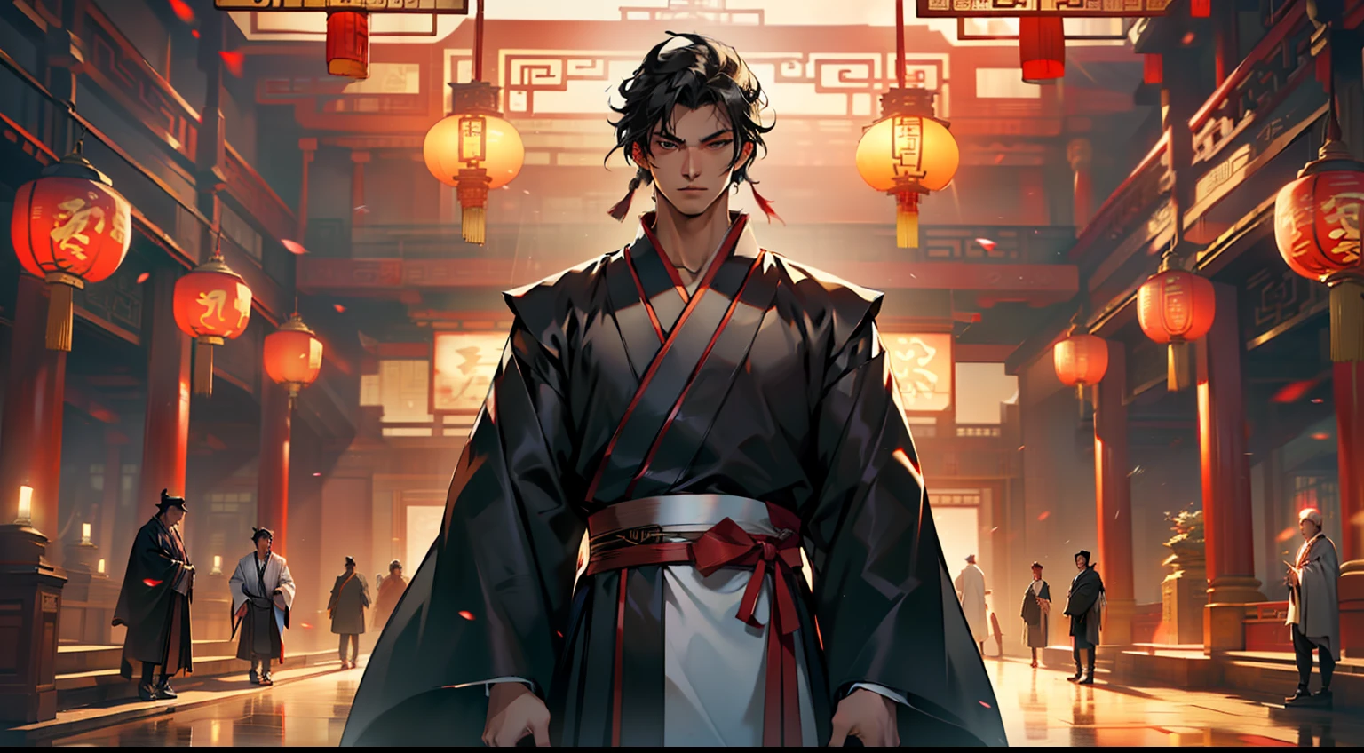 6, (1 person) (boy, (Black coat), (Black Hanfu youth), (Black hair), kingly air, gorgeous, handsome, outstanding temperament, chopping one after another) (Background: inside the sacred and magnificent ancient Chinese imperial palace hall)