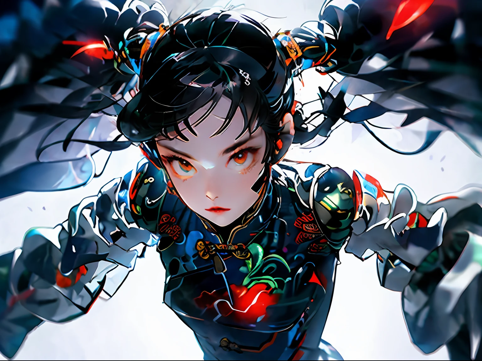 1 girl, Chinese_Clothes, preto e laranja, Cyberhan, Cheongsam, CIDADE CYBERPUNK, dynamic pose, fones de ouvido brilhantes, glowing hair accessories, cabelos longos, brincos brilhantes, colar brilhante, Cyberpunk, Cidade de alta tecnologia, full of mechanical and futuristic elements, Futurismo, Tecnologia, glowing neon, laranja, luz laranja, laser, digital background city sky, lua grande, with vehicles, best quality, master part, 8k, luz de borda de caractere, Super alto detalhe, alta qualidade, alta qualidade, A mulher mais bonita do homem, um monte de caixa de luz de publicidade no fundo