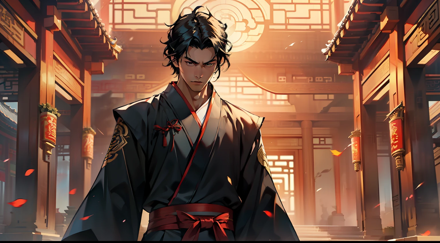 6, (1 person) (boy, (Black coat), (Black Hanfu youth), (Black hair), kingly air, gorgeous, handsome, outstanding temperament, chopping one after another) (Background: inside the sacred and magnificent ancient Chinese imperial palace hall)