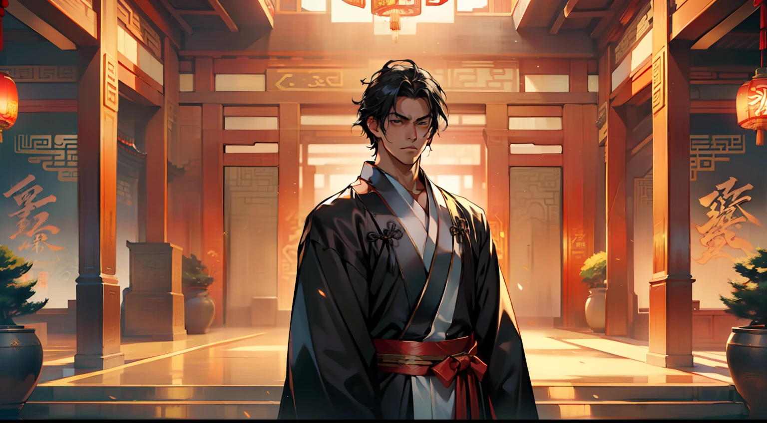 7, (1 person) (boy, (Black coat), (Black Hanfu youth), (Black hair), kingly air, gorgeous, handsome, outstanding temperament, full of apology, will be) (Background: inside the sacred and magnificent ancient Chinese imperial palace hall)
