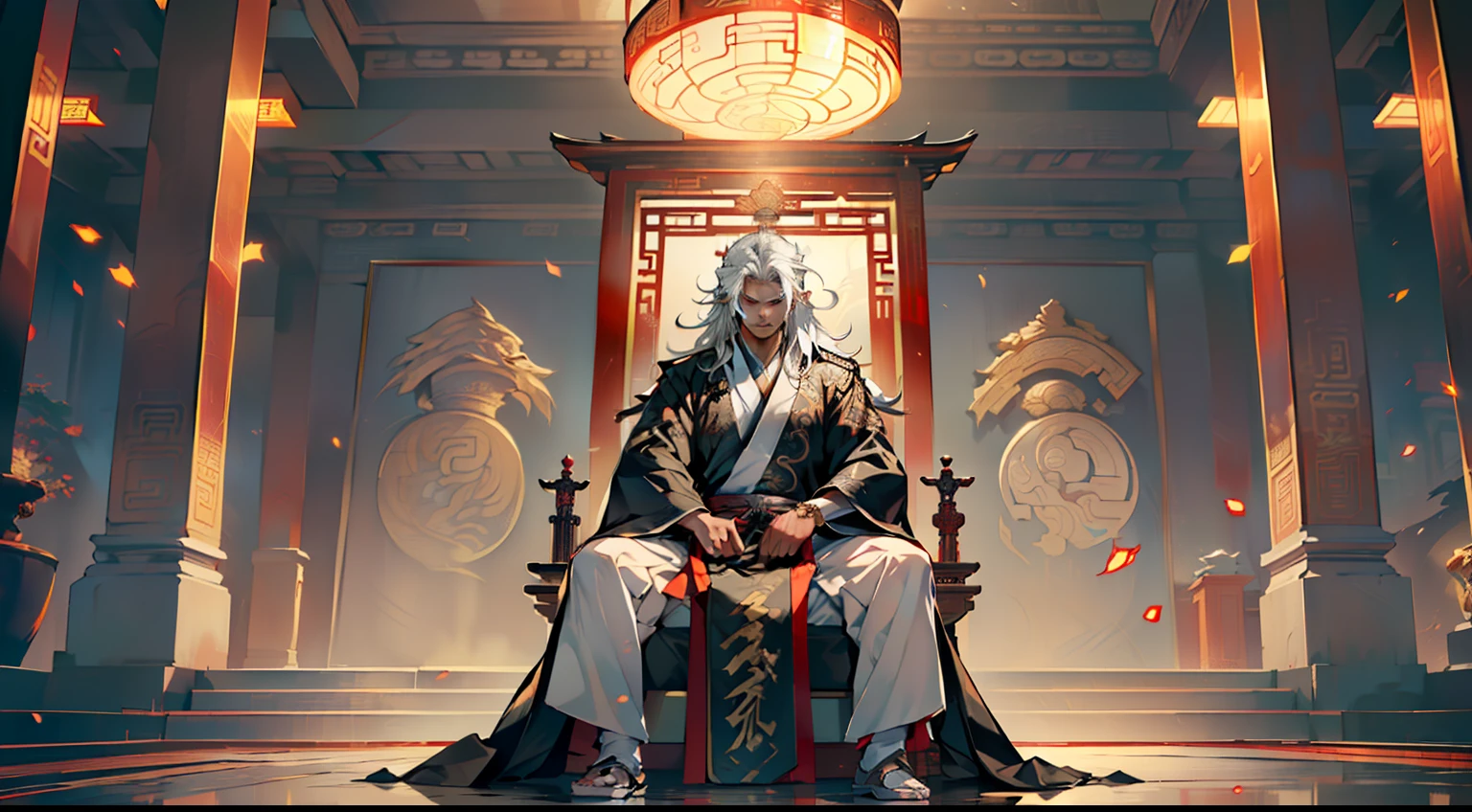 8, (1 person) (boy, (Black coat), (Black kingly air, gorgeous, handsome, outstanding temperament, towards the boy, (white Hanfu youth), ((Long white hair)), kingly air, gorgeous, handsome, outstanding temperament, sitting on the sacred throne, swearing to kill him) (Background: inside the sacred and magnificent ancient Chinese imperial palace hall)