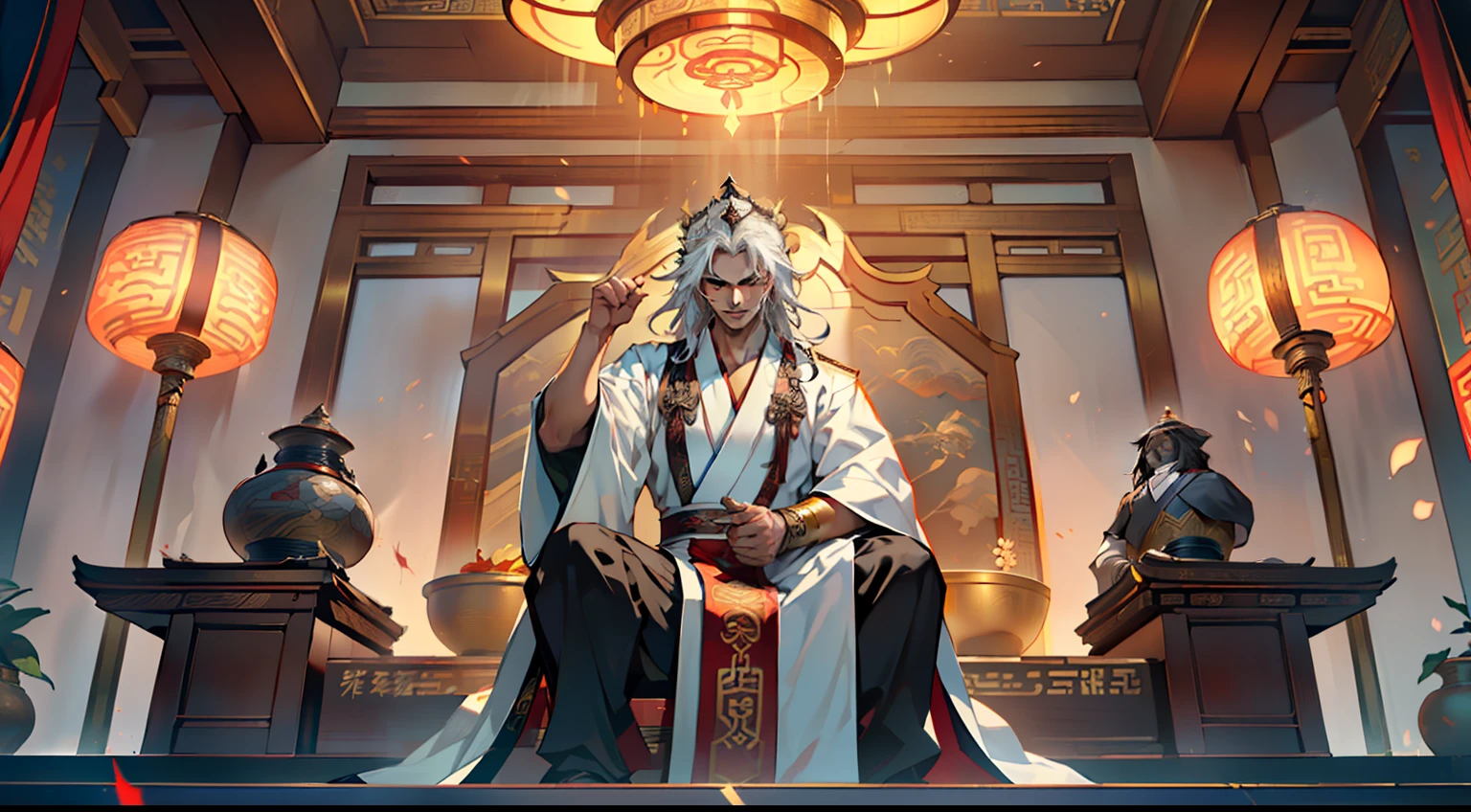 8, (1 person) (boy, (Black coat), (Black kingly air, gorgeous, handsome, outstanding temperament, towards the boy, (white Hanfu youth), ((Long white hair)), kingly air, gorgeous, handsome, outstanding temperament, sitting on the sacred throne, swearing to kill him) (Background: inside the sacred and magnificent ancient Chinese imperial palace hall)