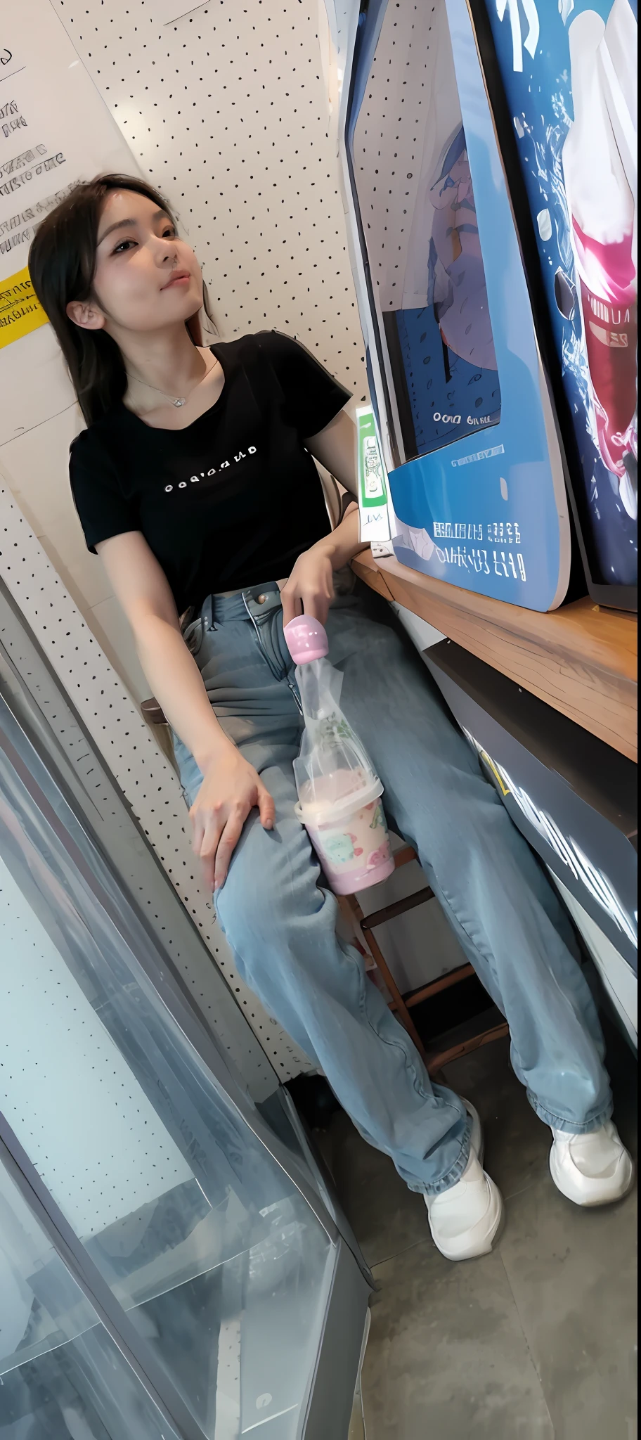 Woman sitting in chair holding a bag of food in front of the refrigerator,  drinking a strawberry iced latte, At the counter,, kawaii shirt and jeans, ice cream on the side, sitting in a café, bbwchan, in a coffee shop, holding a stuff, candid photo of，Strip naked to expose your chest