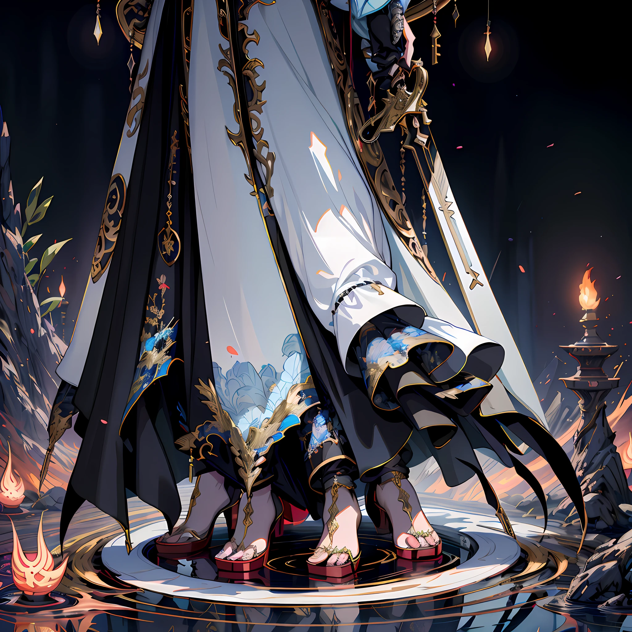 Anime characters standing on a platform in the water with swords and armor, Detailed digital anime art, Detailed key anime art, Onmyoji detailed art, ornate flowing robes, high detailed official artwork, 2. 5 D CGI anime fantasy artwork, trending on artstation pixiv, 8K high quality detailed art, highly detailed exquisite fanart, ultra detailed game art