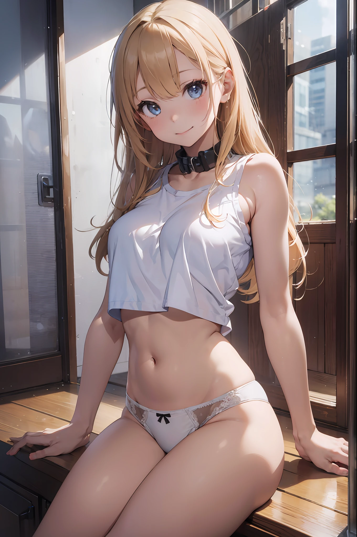 (8K, Raw photography, top-quality, masterpiece:1.2), 1girl in, 3 d, a blond、The long-haired、Asian, No bangs、brow、Forehead, Bare_shoulders, White tank top、hotpants、Fundo sala de estar、Relaxing、Open front、panties on, The shirt, 独奏, undergarment, The upper part of the body_Body, , white_Panties, white_Shirt,shinny skin、Beautiful delicate face、Beautiful delicate eyes、(realisitic、Photo Real:1)、、A smile