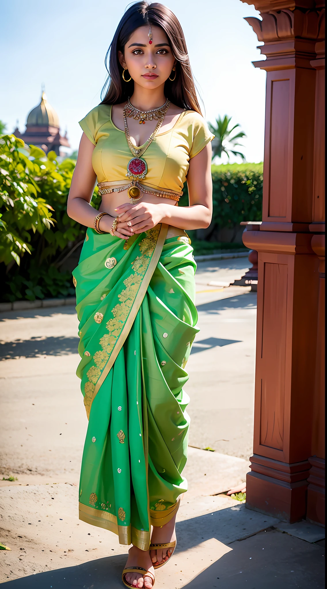 wear green designer printed Saree and blouse, a bindi on the center of the forehead, green saree and green blouse, full body covered in clothes, Indian temples in background, flower basket, very well dressed, going to temple for prayers, golden heavy jewellery, very beautiful 25 year old indian girl, full body photo, holding Puja plate with Puja items for lord Shiva, lord Shiva temple in background, jewelry, gem, necklace, necklace set, tika, vermilion, nathiya, ear rings, mangalsutra, golden haar, gold bracelet, anklets, thick lips, holding flower basket for Puja in hand, skindentation, parted lips, full body photo from front, beautiful face, beautiful body, (detailed eyes), ulzzang-6500-v1.1, thick eyelashes, long eyelashes, random hair style, broad light, backlighting, bloom, light sparkles, chromatic aberration, sharp focus, Nikon Z 85mm, unparalleled masterpiece, ultra-realistic 8k photos, best quality masterpiece, best quality, (photorealistic:1.2), (realistic:1.5), (hyperrealistic:1.2),(photorealistic face:1.2)