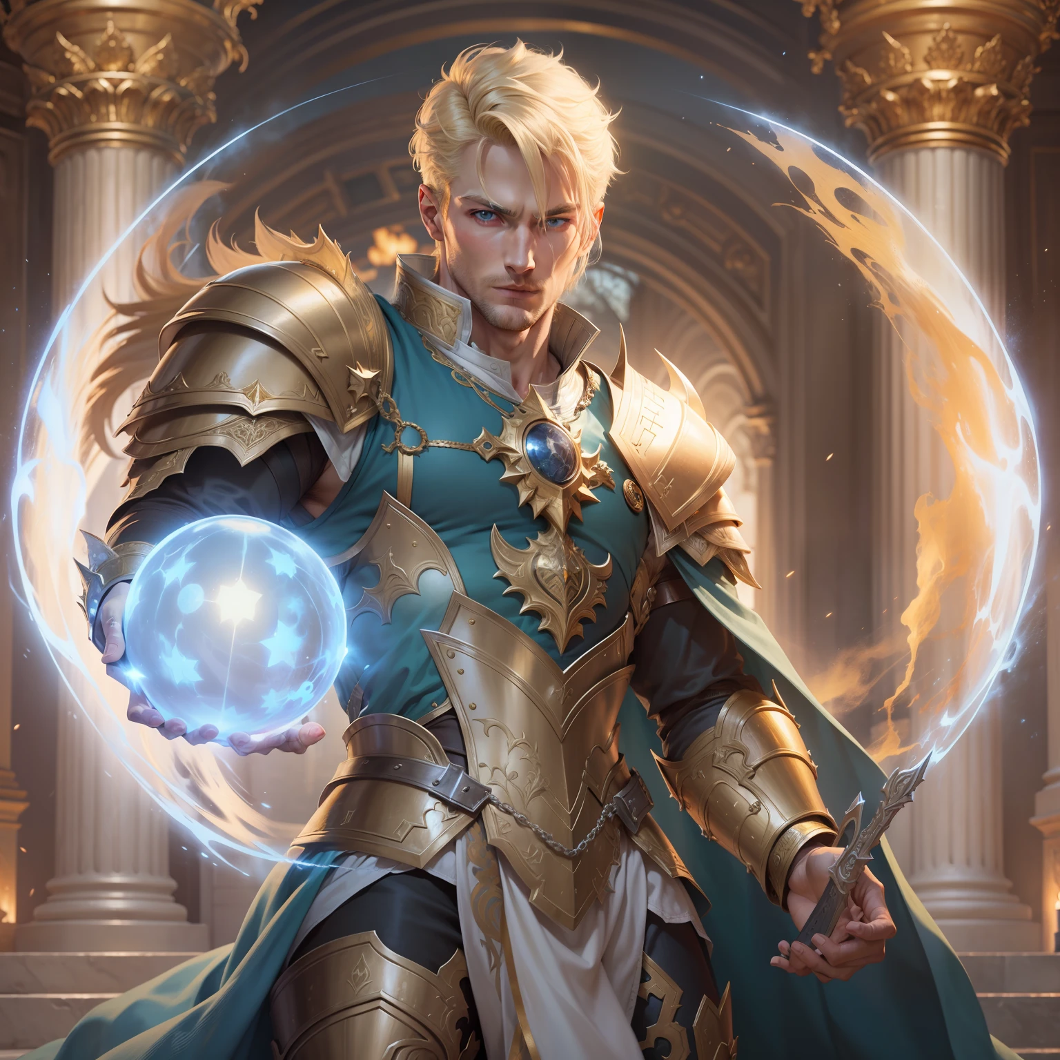 realistic image of a blond man with short hair, 30 years old, tall, strong, extremely detailed blue eyes, with a devilish expression, dressed in a silver armor torso and golden shoulder pads of a rpg warrior, standing in a large royal palace conjuring a sphere of glowing energy in hand