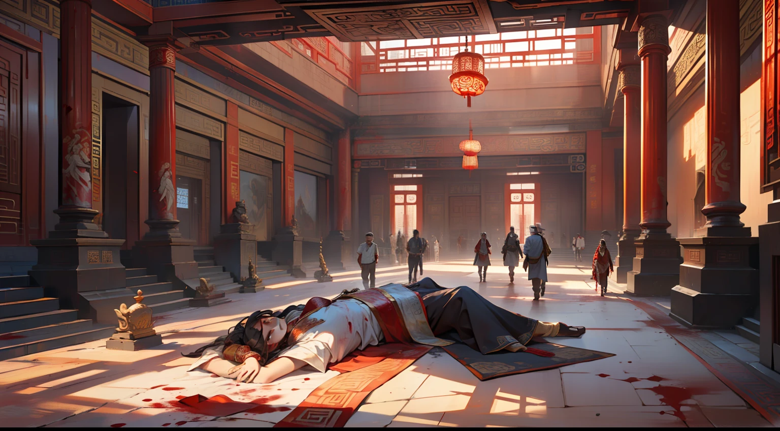 9, (many people) (the hall is filled with corpses, bloodstains, fresh blood, many people lying on the ground) (Background: inside the sacred and magnificent ancient Chinese imperial palace hall)