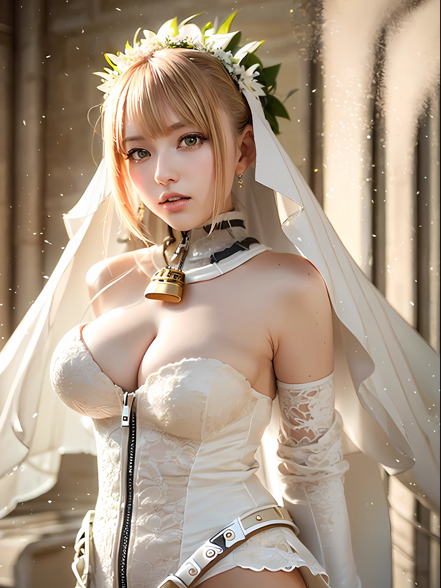 Bride2nd, SecondOutfit, (masterpiece:1.2), (ultra detailed), (8k, intricate), (85mm), light particles, lighting, full body, (highly detailed:1.2), breast focus, (detailed face:1,5), (rule of third_composition:1.3), (Line of action:1.2), daylight, solo