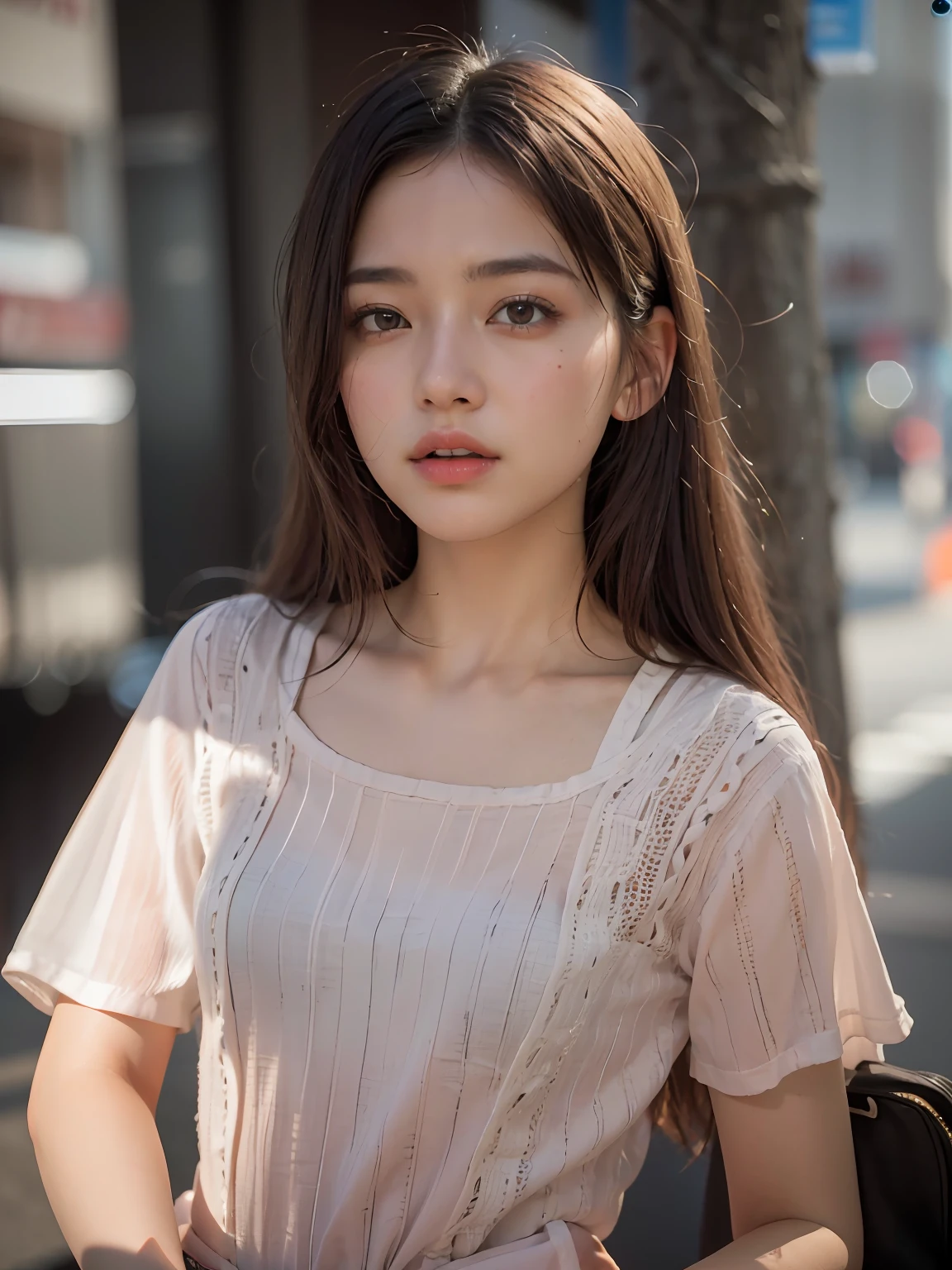 (masterpiece, best quality, pretty girl, beautiful face, 8k, raw photo, 85mm, absurdres, upper body:1.4), light pink camisole, side shot, looking at viewer, high school , teen, ser, small head, medium breasts, street, facelight, (dynamic lighting, dramatic lighting and shadow, cinematic lighting:1.3), sunlight, no makeup, natural, film grain, chromatic aberration, high contrast, photorealistic, depth of field, highres, ultra detailed, finely detail, sharp focus, detailed skin and eyes and face