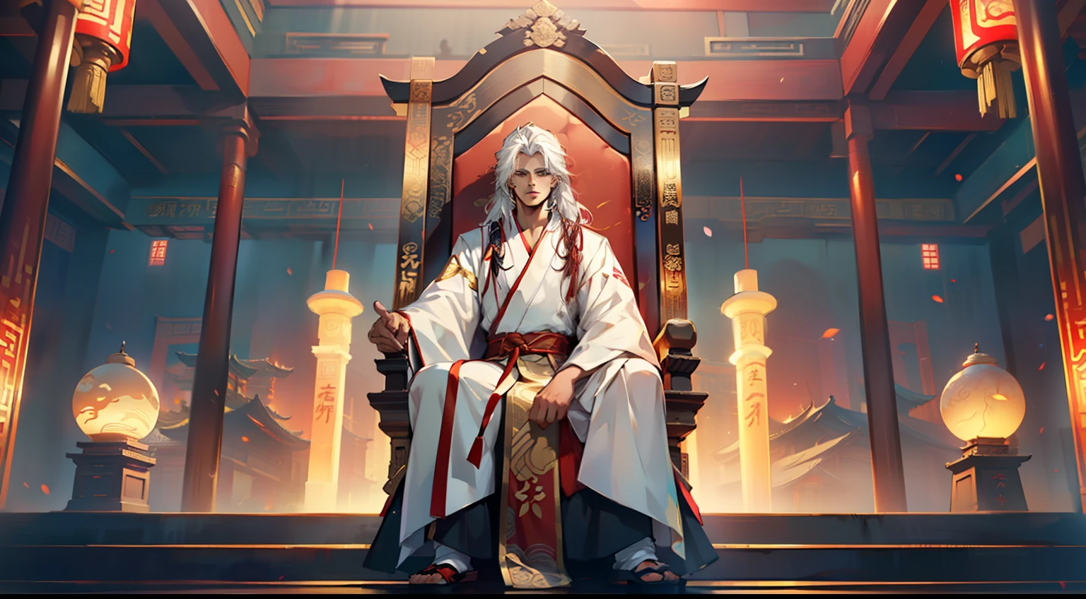 10, (1 person) (boy, (white Hanfu youth), ((Long white hair)), kingly air, gorgeous, handsome, outstanding temperament, sitting on the sacred throne, with an approving expression) (Background: inside the sacred and magnificent ancient Chinese imperial palace hall)