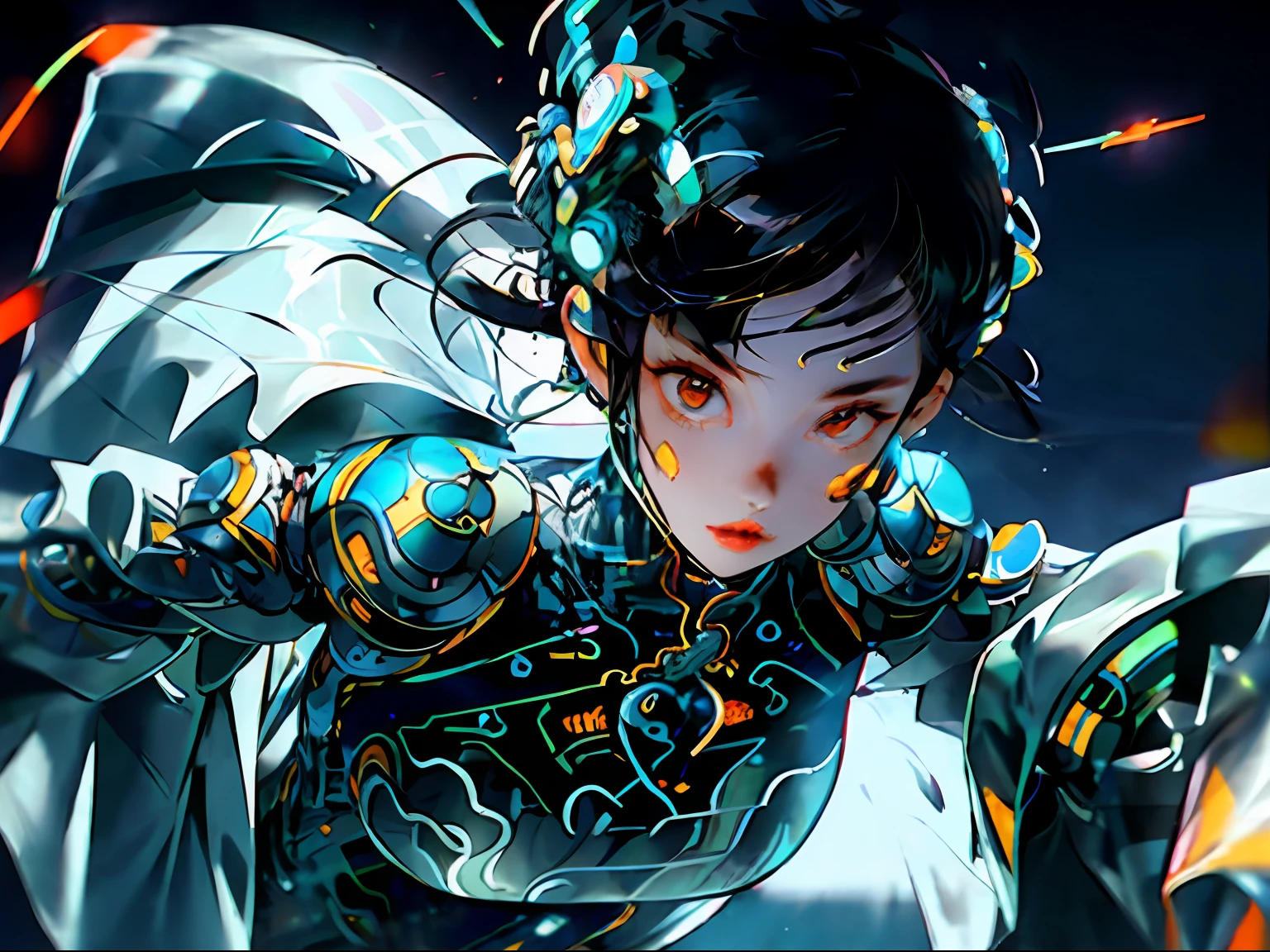 1 girl, Chinese_Clothes, preto e laranja, Cyberhan, Cheongsam, cidade cyberpunk, dynamic pose, fones de ouvido brilhantes, glowing hair accessories, Cabelos Longos, brincos brilhantes, colar brilhante, Cyberpunk, Cidade de alta tecnologia, full of mechanical and futuristic elements, Futurismo, Tecnologia, glowing neon, laranja, luz laranja, laser, digital background city sky, lua grande, with vehicles, best quality, master part, 8k, luz de borda de caractere, Super alto detalhe, alta qualidade, alta qualidade, A mulher mais bonita do homem, um monte de caixa de luz de publicidade no fundo