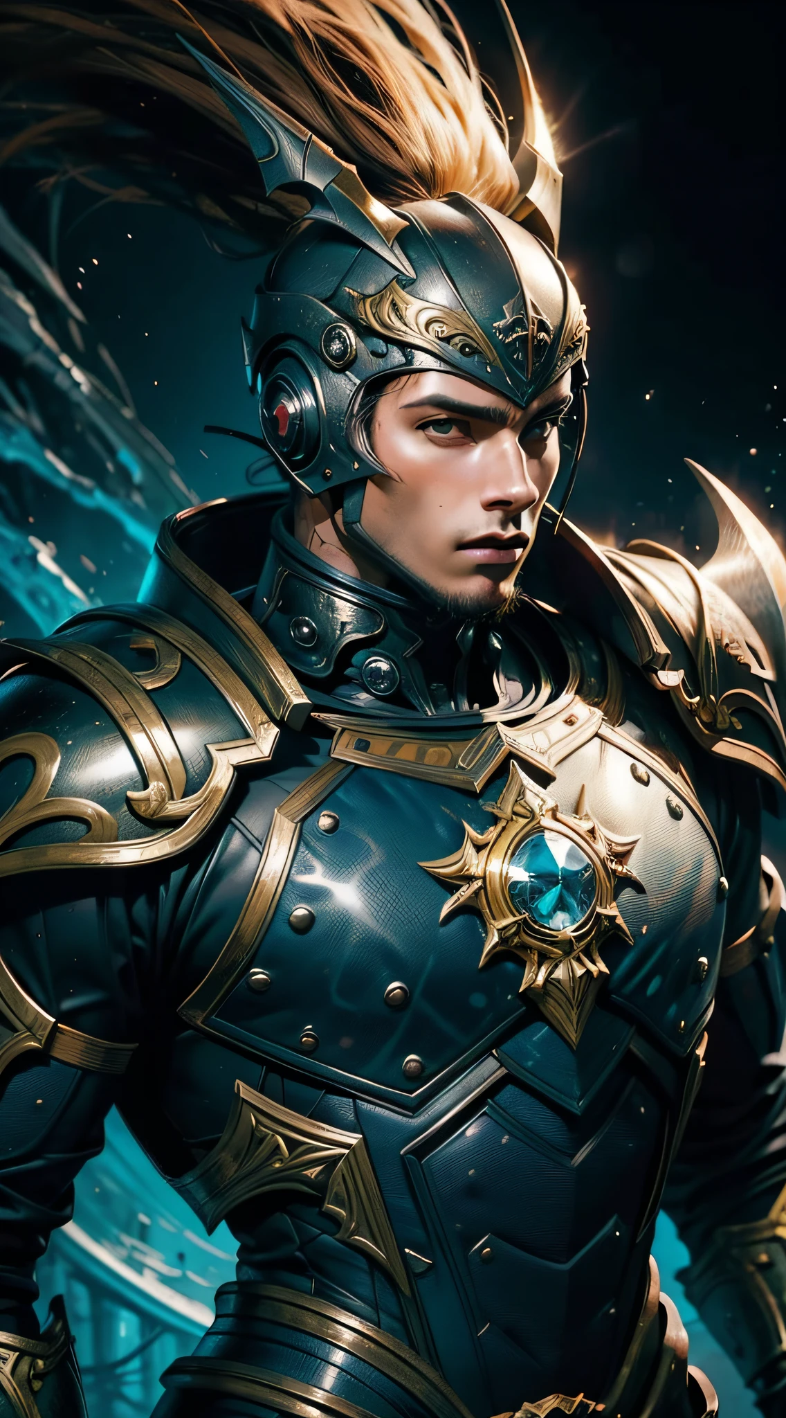 Um cavaleiro Homem (illustration detailed: 1.3) (corpo inteiro: 1.3) Photo in 8K resolution, splash art, fantastic comic book style, fotorrealista, visual intenso, anatomical photorealistic digital painting, retrato de um homem (homem: 1.3), humano (guerreiro: 1.3) em preto e dourado, (armadura pesada: 1.3) em um (universo sombrio: 1.3), light particle, pele muito detalhada, guerreiro, olhos muito detalhados (estilo anel antigo: 1.3), ( estilo warhammer:1.1), artista conceitual, global ilumination, profundidade de campo, splash art,