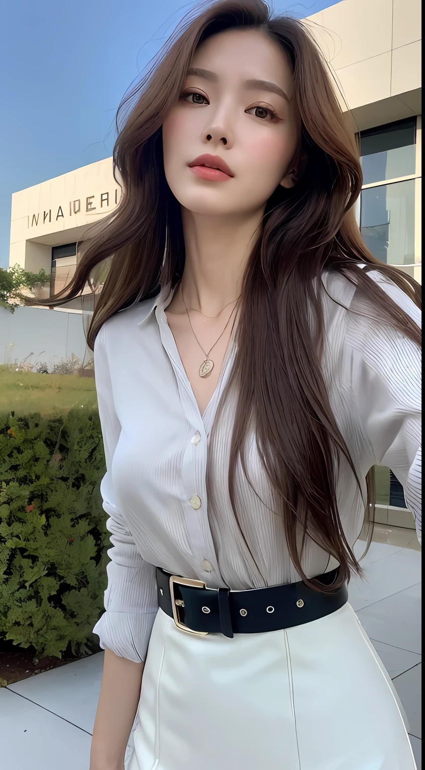 (Best quality, High resolution, Masterpiece :1.3), A tall and pretty woman, Slender abs, Dark brown hair styled in loose waves, Breasts, Wearing pendant, White button up shirt, Belt, Black skirt, (Modern architecture in background), Details exquisitely rendered in the face and skin texture, Detailed eyes, Double eyelid