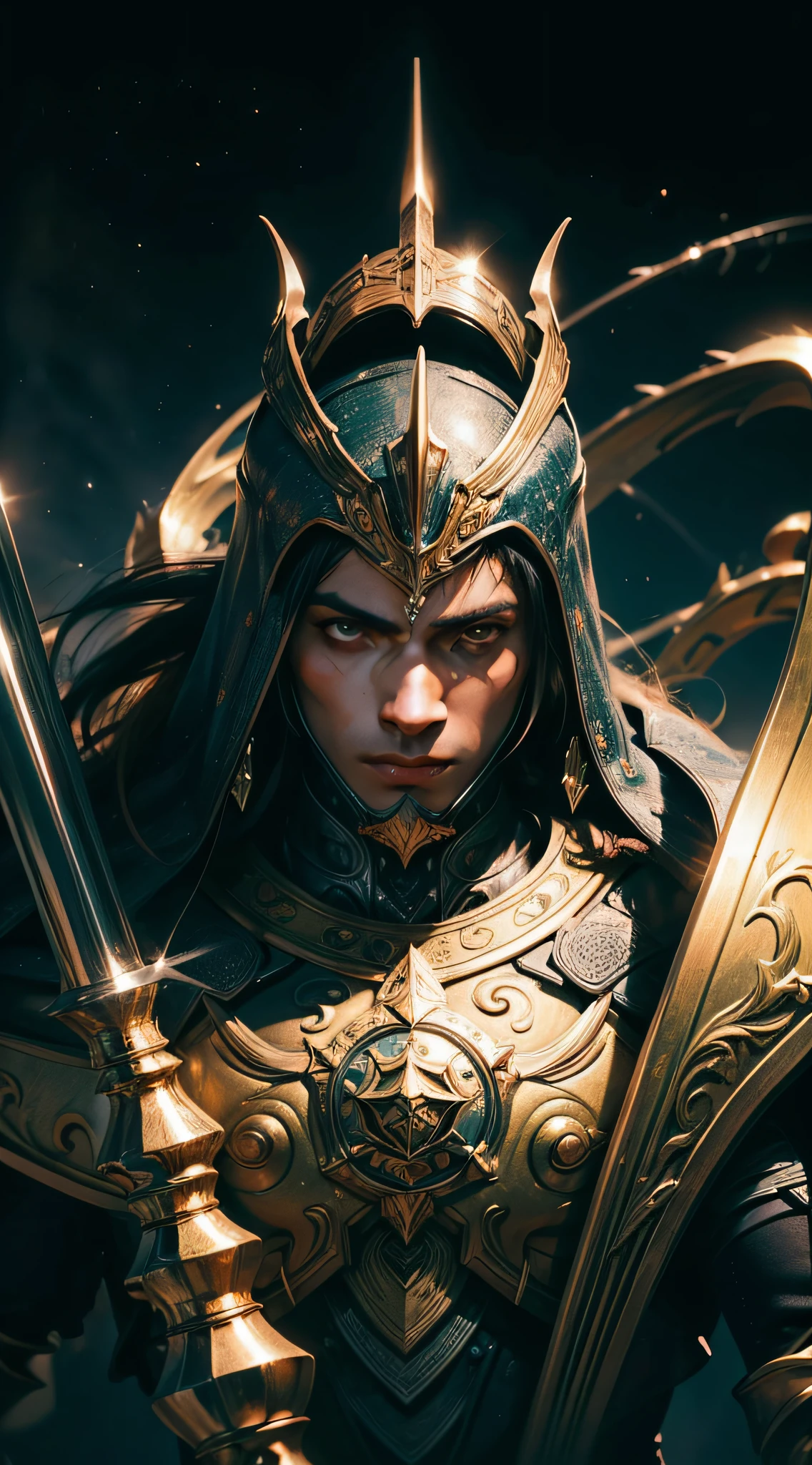 Um cavaleiro Homem (illustration detailed: 1.3) (corpo inteiro: 1.3) Photo in 8K resolution, splash art, fantastic comic book style, fotorrealista, visual intenso, anatomical photorealistic digital painting, retrato de um homem (homem: 1.3), humano (guerreiro: 1.3) em preto e dourado, (armadura pesada: 1.3) em um (universo sombrio: 1.3), light particle, pele muito detalhada, guerreiro, olhos muito detalhados (estilo anel antigo: 1.3), ( estilo warhammer:1.1), artista conceitual, global ilumination, profundidade de campo, splash art,