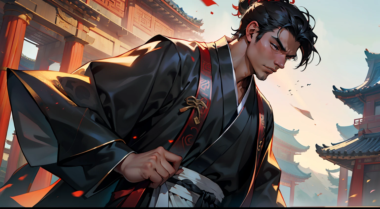 12, (1 person) (boy, (Black coat), (Black Hanfu youth), (Black hair), kingly air, gorgeous, handsome, outstanding temperament, takes a deep breath, leaving with an old man in black clothes and white hair) (Background: outside the sacred and magnificent ancient Chinese imperial palace hall)