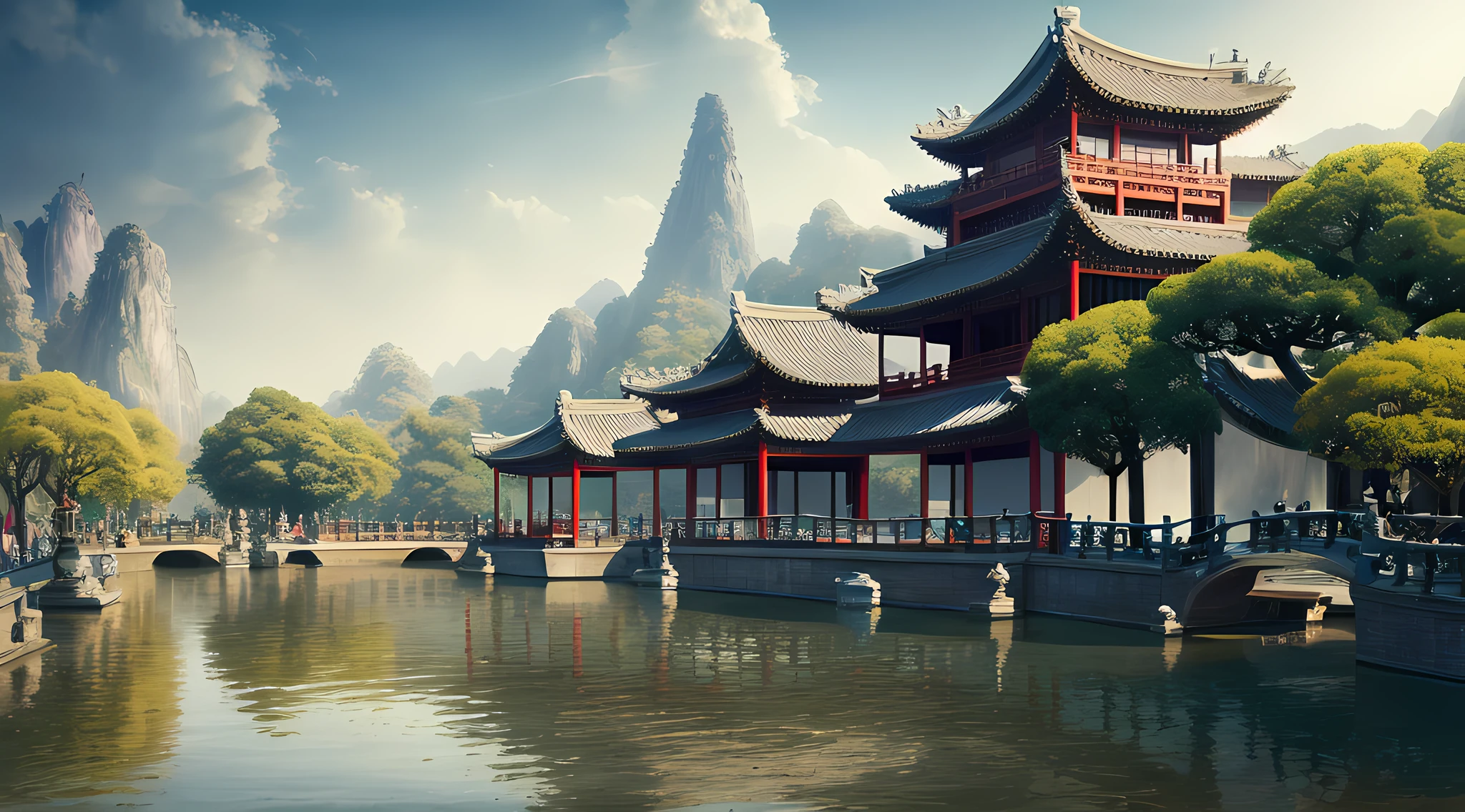 Masterpiece, best quality, high quality, extremely detailed CG unity 8k wallpaper, classical Chinese garden, landscape, amsterdam, pedestrian, outdoor, sky, daytime, landscape, water, tree, blue sky, waterfall, nature, lake, river, cloudy sky, award winning photography, bokeh, depth of field, HDR, bloom, chromatic aberration, realism, very detailed, trends on artstation, trends on CGsociety, intricate, high detail, dramatic, Midjourney art