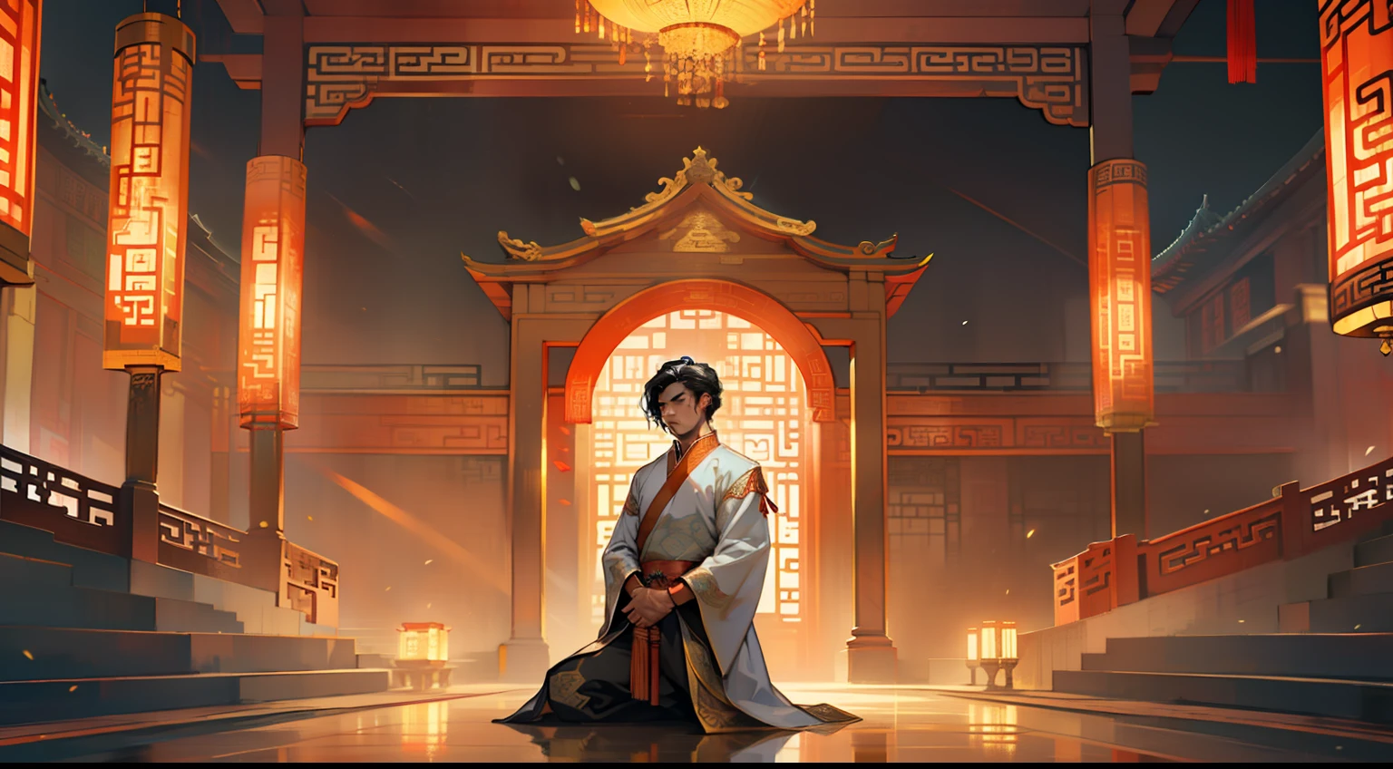 14, (2 people) (a young man in white kneeling down with black hair) (Background: inside the sacred and magnificent ancient Chinese imperial palace hall)