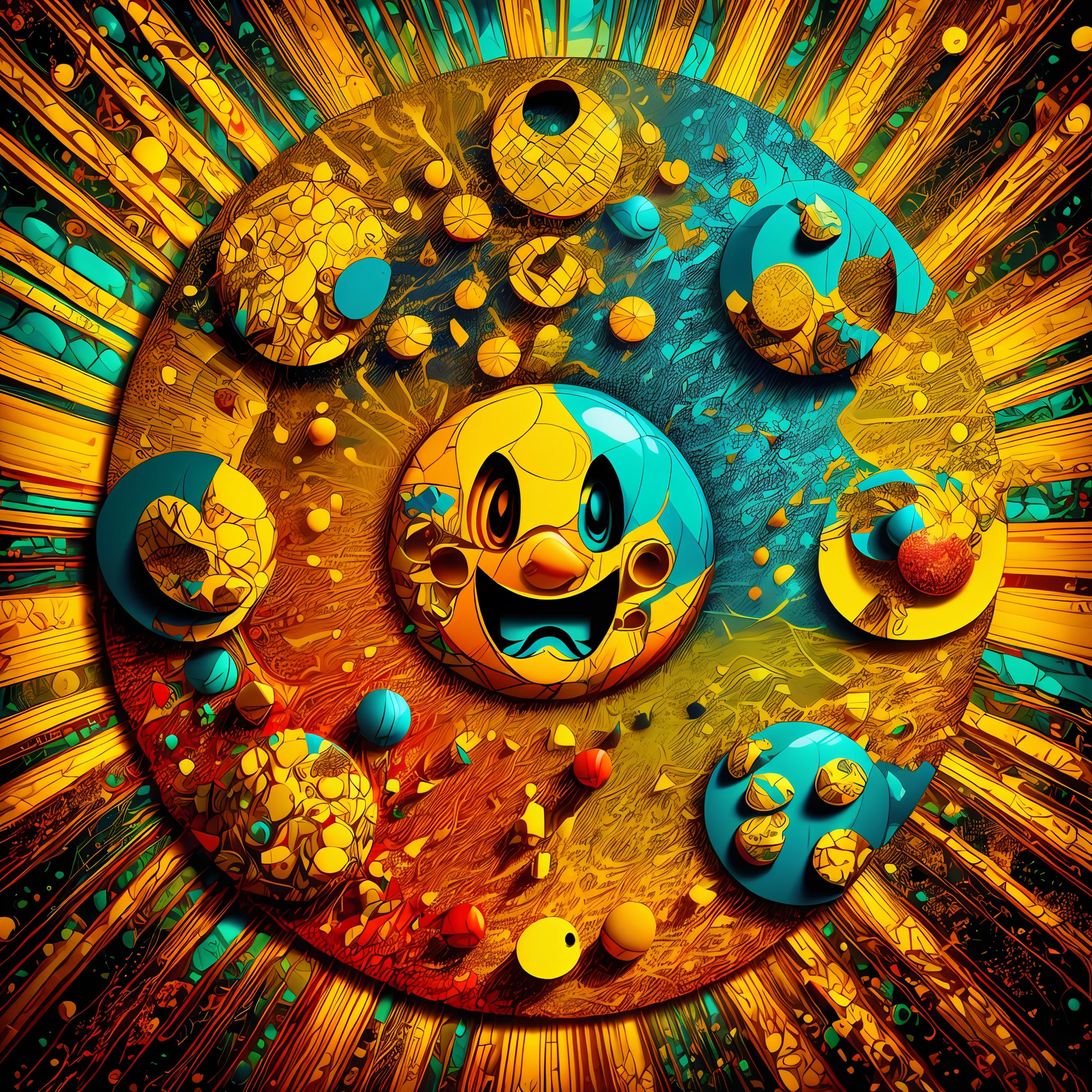 Pac-Man featured. He is positioned in the center of a colorful panel, surrounded by details and strokes that evoke the classic comics of the 80s. Pac-Man is represented in his classic design, a yellow circle with a half-open mouth and an animated look, conveying joy and determination . --auto --s2