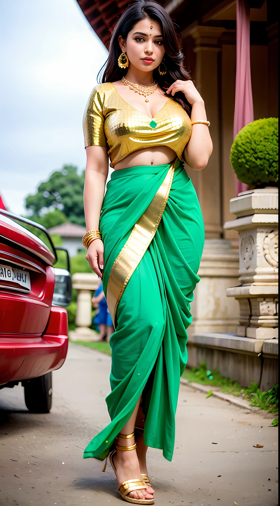wear green designer printed Saree and blouse, a bindi on the center of the forehead, green saree and green blouse, full body covered in clothes, Indian temples in background, flower basket, very well dressed, going to temple for prayers, golden heavy jewellery, very beautiful 25 year old indian girl, full body photo, mehendi in hands, random hair style, holding Puja plate with Puja items for lord Shiva, lord Shiva temple in background, jewelry, gem, necklace, necklace set, tika, vermilion, nathiya, ear rings, mangalsutra, golden haar, gold bracelet, anklets, thick lips, holding flower basket for Puja in hand, skindentation, parted lips, full body photo from front, beautiful face, beautiful body, (detailed eyes), ulzzang-6500-v1.1, thick eyelashes, long eyelashes, random hair style, broad light, backlighting, bloom, light sparkles, chromatic aberration, sharp focus, Nikon Z 85mm, unparalleled masterpiece, ultra-realistic 8k photos, best quality masterpiece, best quality, (photorealistic:1.2), (realistic:1.5), (hyperrealistic:1.2),(photorealistic face:1.2)