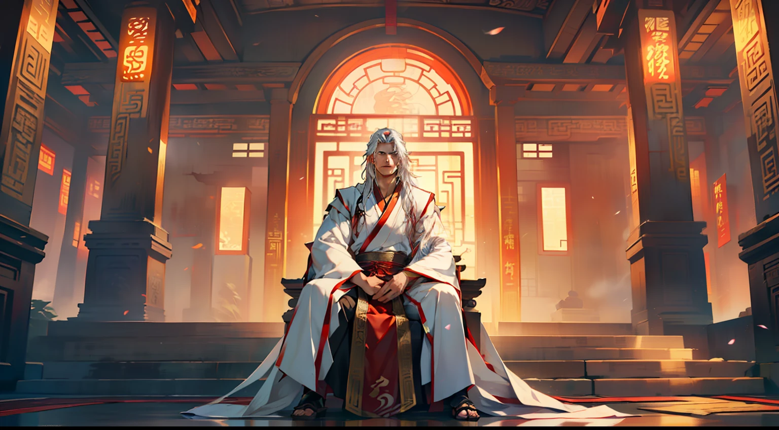 15, (1 person) (boy, (white Hanfu youth), ((Long white hair)), kingly air, gorgeous, handsome, outstanding temperament, sitting on the sacred throne, not responding, with an ancient Hanfu woman standing silently behind him) (Background: inside the sacred and magnificent ancient Chinese imperial palace hall)