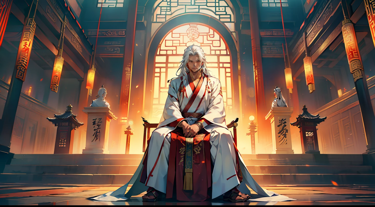15, (1 person) (boy, (white Hanfu youth), ((Long white hair)), kingly air, gorgeous, handsome, outstanding temperament, sitting on the sacred throne, not responding, with an ancient Hanfu woman standing silently behind him) (Background: inside the sacred and magnificent ancient Chinese imperial palace hall)