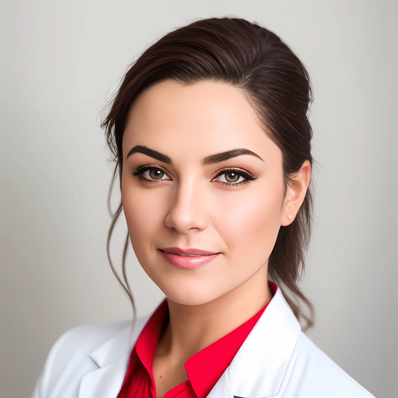 Smiling woman in white lab coat with red tie and white shirt, fotografia headshot, foto headshot, Retrato headshot, foto de closeup profissional, retrato profissional close-up, foto de perfil profissional, medical photography, retrato profissional, Retrato do perfil, imagem retrato, head and shoulder shot, foto retrato profissional, professional headshot, fotografia de retrato profissional, Foto profissional detalhada, amazing professional picture, Retrato promocional