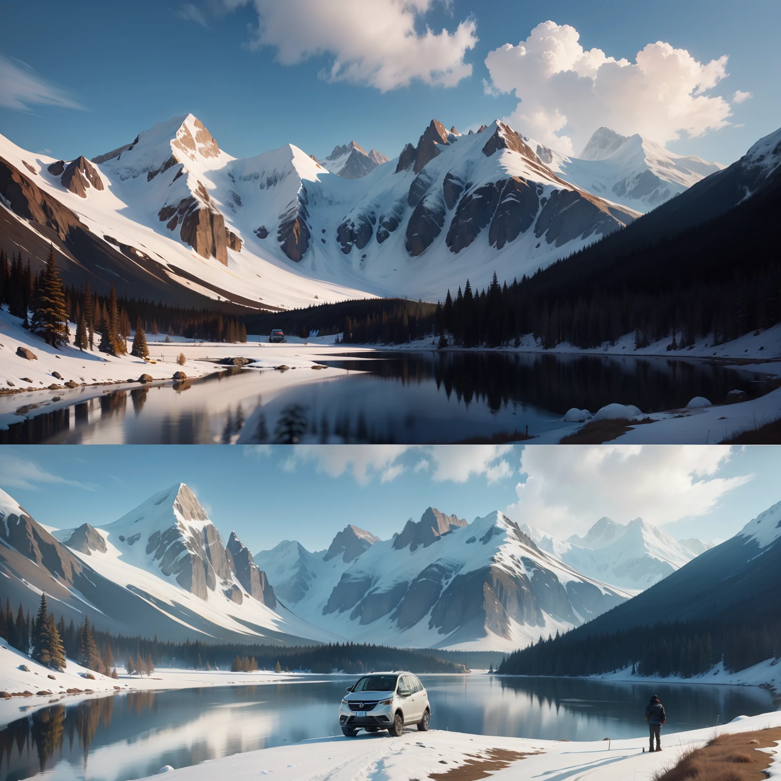 One guy,a car,Mountains, lakes, snowy mountains