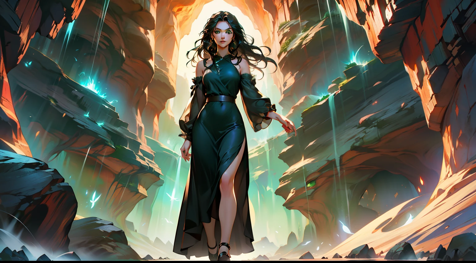 16, (1 person) (girl, (green eyes), (long black hair), green dress with white g the young woman is graceful and dignified, outstanding temperament, suddenly appears in the cave) (Background: inside the cave)