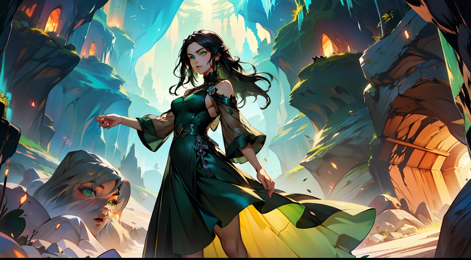 16, (1 person) (girl, (green eyes), (long black hair), green dress with white g the young woman is graceful and dignified, outstanding temperament, suddenly appears in the cave) (Background: inside the cave)