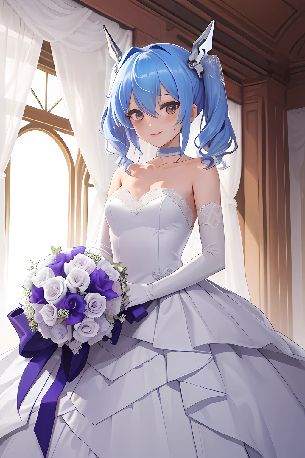 Prinz Eugen,((Masterpiece)), (((Best quality))), ((Ultra-detailed)), ((illustration)), ((Disheveled hair)), ((frilld)), (1 girl), (Solo), Bare shoulders ， Blue hair ， Bouquet ， choker necklace， 鎖骨 ， Clothing ， dress ， Elbow gloves， Female ， flower ， frilld， Collection， mitts， hair between eye， Headgear ， Holding， holding flower bouquet ， holding object ， Light smile， view the viewer， Red eyes， Short twin tails， No shoulder strap ， Strapless dress ， hair tying， double tails， two hand ， (Wedding dress:1.2)， a white choker ， White dress， White gloves， a white choker ， white sash ，