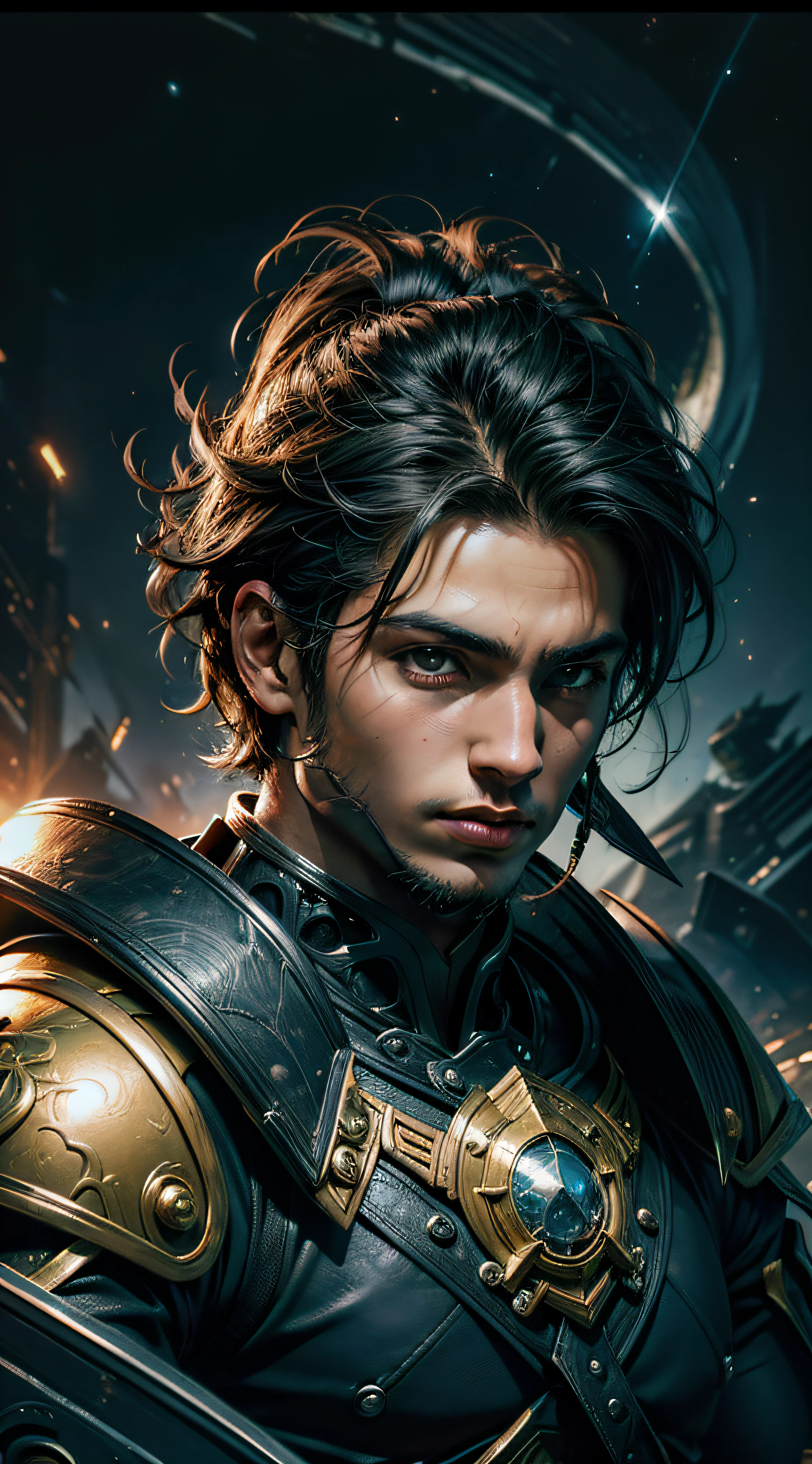 Um cavaleiro Homem (illustration detailed: 1.3) (corpo inteiro: 1.3) Photo in 8K resolution, splash art, fantastic comic book style, fotorrealista, visual intenso, anatomical photorealistic digital painting, retrato de um homem (homem: 1.3), humano (guerreiro: 1.3) em preto e dourado, (armadura pesada: 1.3) em um (universo sombrio: 1.3), light particle, pele muito detalhada, guerreiro, olhos muito detalhados (estilo anel antigo: 1.3), ( estilo warhammer:1.1), artista conceitual, global ilumination, profundidade de campo, splash art,