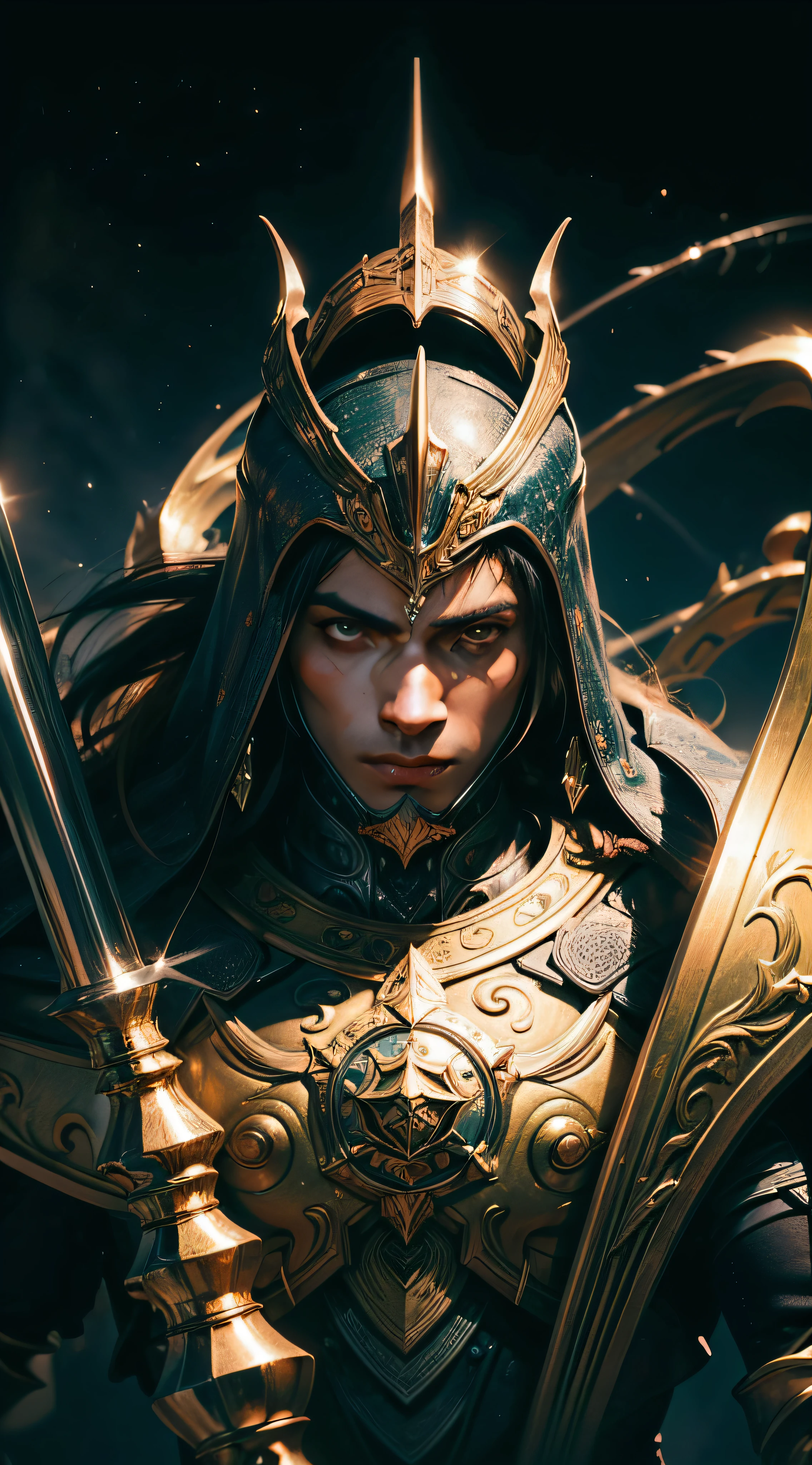 Um cavaleiro Homem (illustration detailed: 1.3) (corpo inteiro: 1.3) Photo in 8K resolution, splash art, fantastic comic book style, fotorrealista, visual intenso, anatomical photorealistic digital painting, retrato de um homem (homem: 1.3), humano (guerreiro: 1.3) em preto e dourado, (armadura pesada: 1.3) em um (universo sombrio: 1.3), light particle, pele muito detalhada, guerreiro, olhos muito detalhados (estilo anel antigo: 1.3), ( estilo warhammer:1.1), artista conceitual, global ilumination, profundidade de campo, splash art,