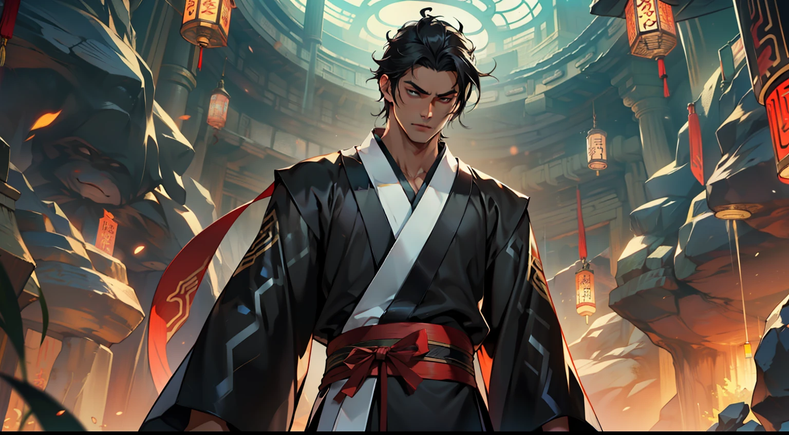 17, (1 person) (boy, (Black coat), (Black Hanfu youth), (Black hair), kingly air, gorgeous, handsome, outstanding temperament, looks forward with vigilance) (Background: inside the cave)