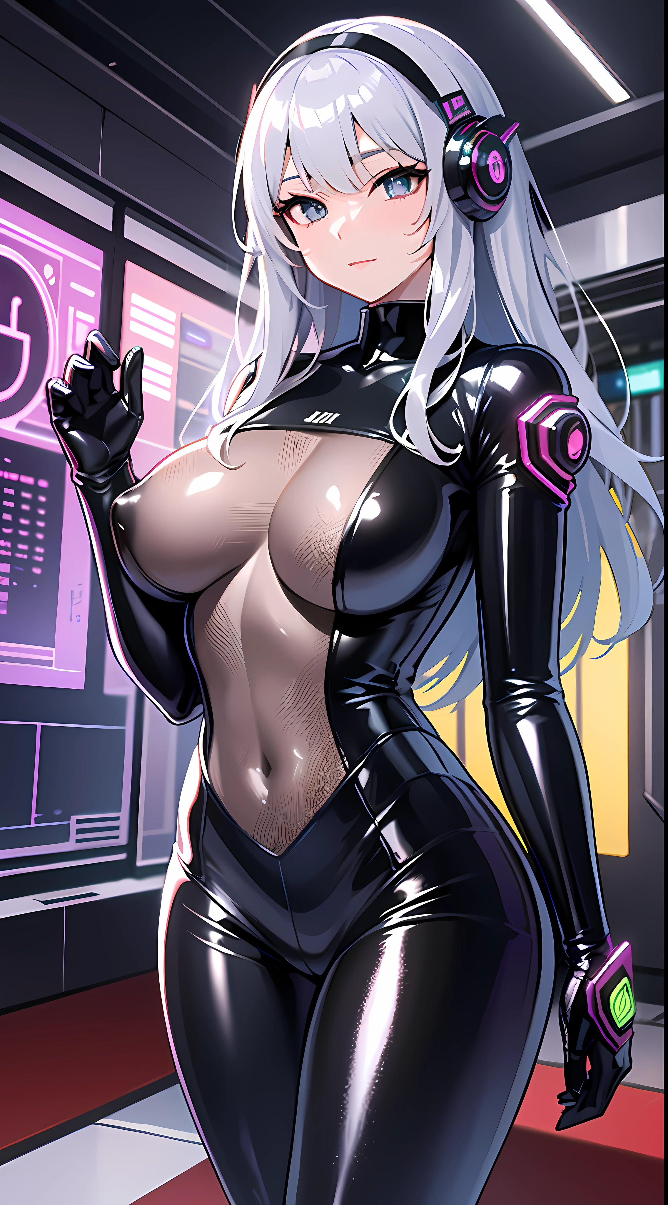 Arad woman in shiny latex poses in a spaceship, cyberpunk glossy latex suit, shiny metallic glossy skin, futuristic glossy latex suit, beautiful female android!, chrome bodysuit, cybersuit, perfect android girl, an oppai cyberpunk, silver space suit, cyber suit, wlop glossy skin, cyber suit, sci-fi woman, Inspired by Hajime Sorayama,Bigchest,big assa,Nipple bulge