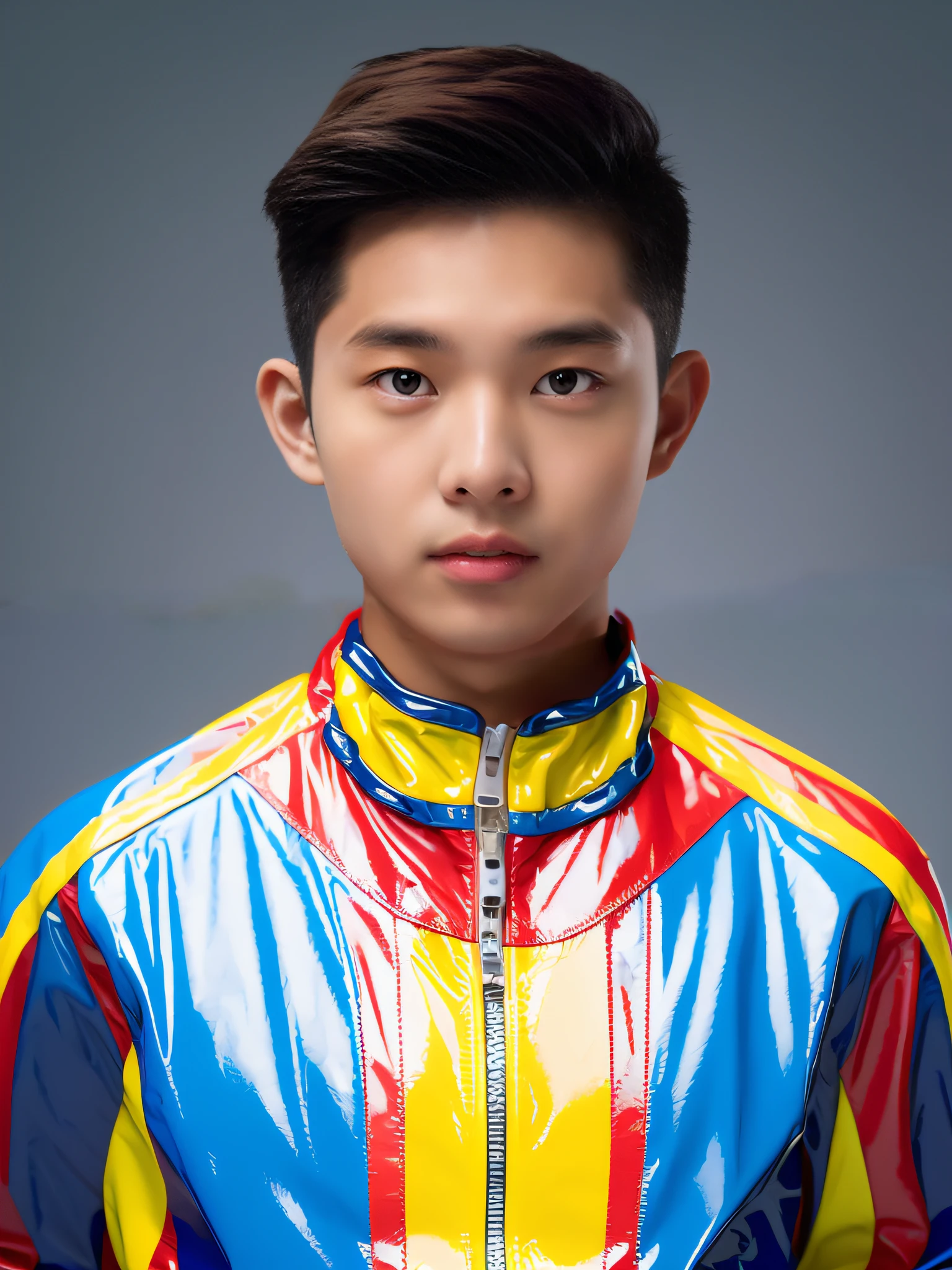 A 17-year-old male high school student in China,Wearing a bright red, yellow and blue PVC racing suit,Light gray solid background