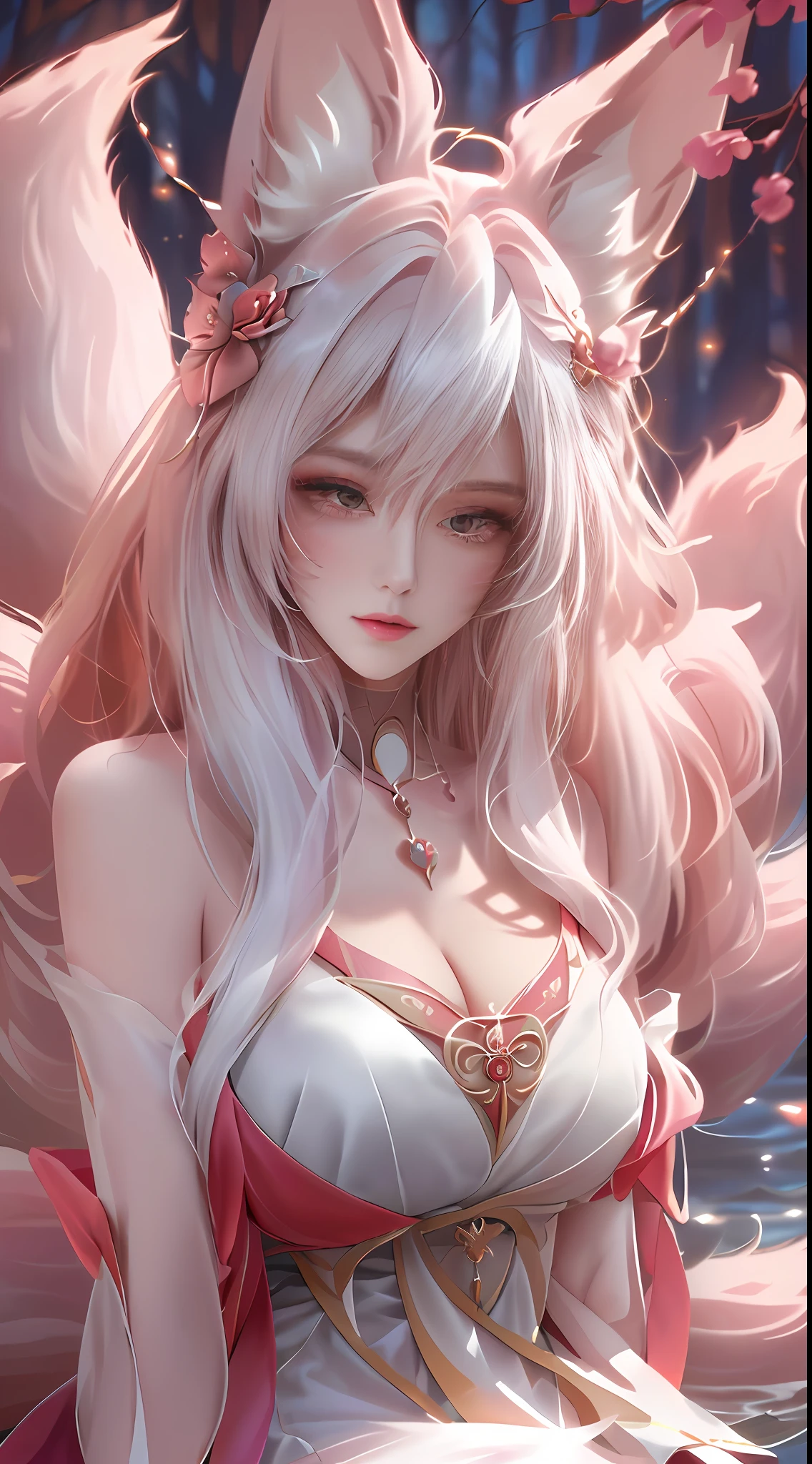 (Fox ears white hair girl,full bodyesbian,dynamicposes),tmasterpiece,beautifuldetails,Extremely colorful,Exquisite details,Delicate lips,The details are complex,Realiy,Ultra photo realsisim,A girl and a white-haired fox sit on a branch:1.1,Fox ears white hair girl,(Large breasts,cleavage,Raised sexy,seductiv,Enchanted,),ethereal fox,nine tail fox,Foxes have nine-tailed foxes,(Combat posture,combat scene,afloat,Red heart-shaped magic ball:1.3),Onmyoji detailed art,Nine tails,A beautiful artwork illustration,mythological creatures,red fox,Beautiful digital artwork,Exquisite digital illustration,mizutsune , Inspired by the mythical creature wildnet,Digital art on Pixiv,strong lights,hight contrast,Horror movie theme,Dark atmosphere,Fighting posture