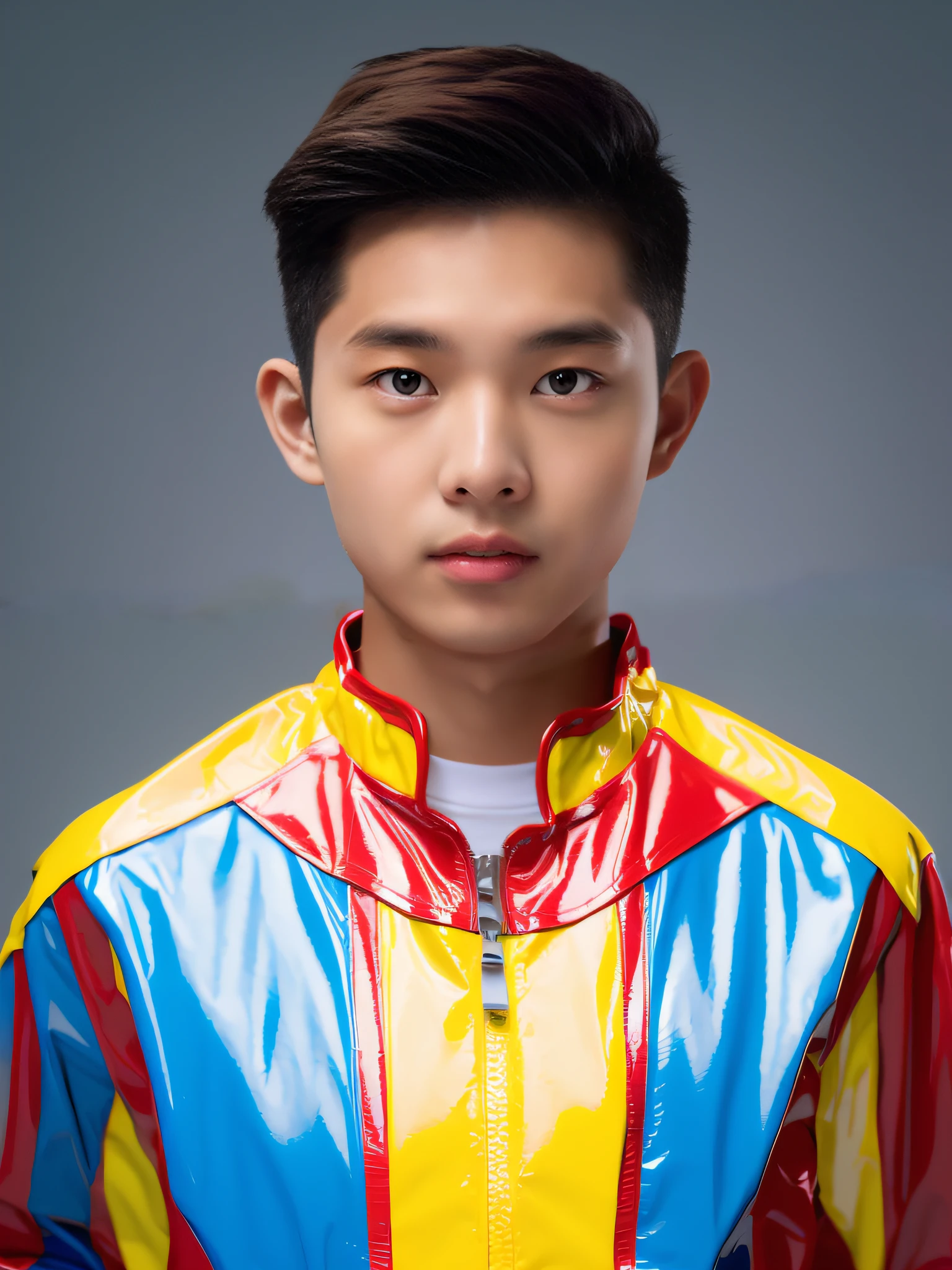 A 17-year-old male high school student in China,Wearing a bright red, yellow and blue PVC racing suit,Light gray solid background