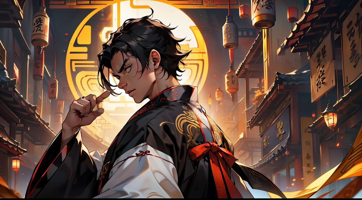 18, (1 person) (boy, (Black coat), (Black Hanfu youth), (Black hair), kingly air, gorgeous, handsome, outstanding temperament, suddenly realizes, joy) (Background: inside the cave)
