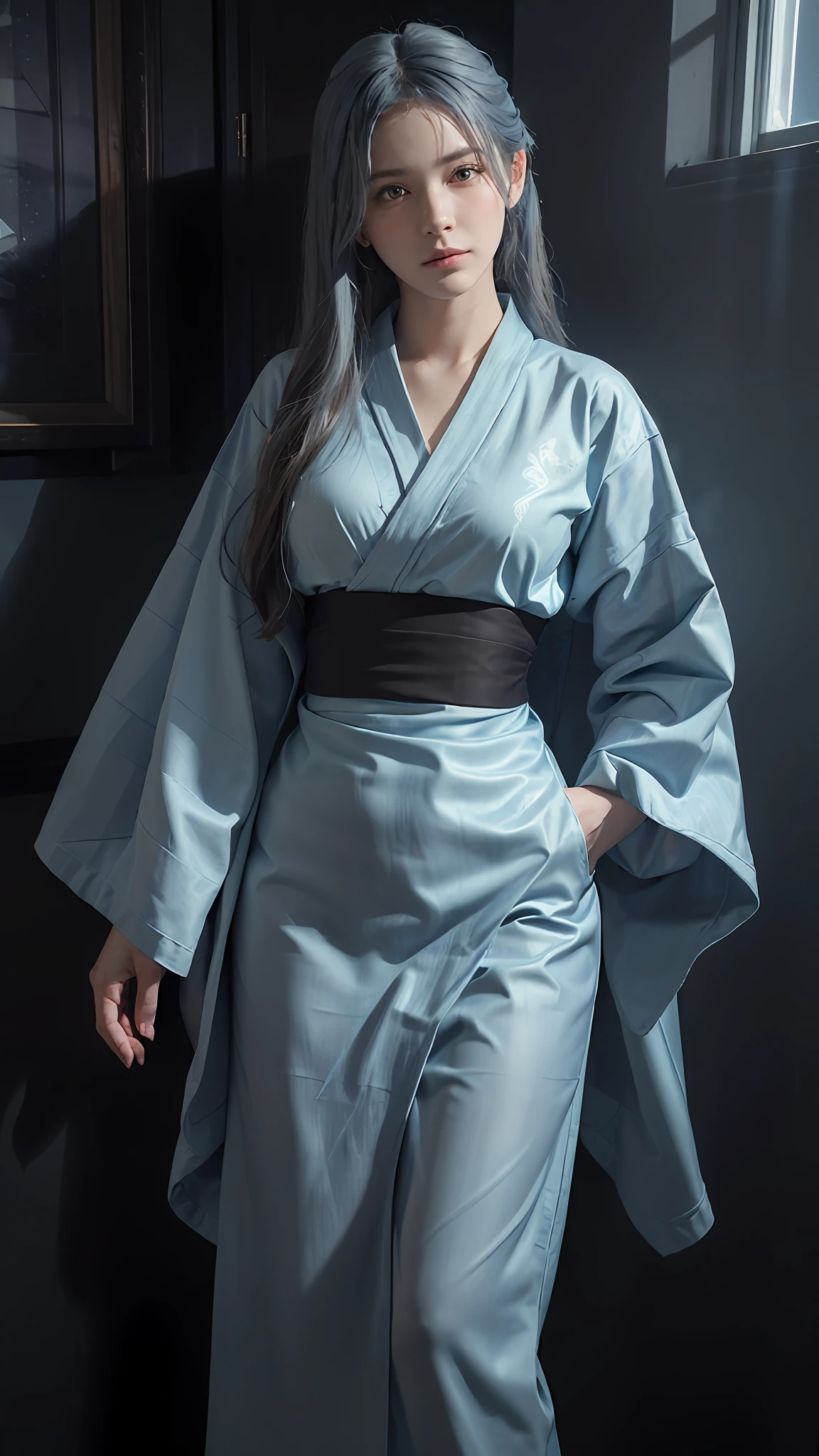 (front focus), (in the dark:1.6), Hyperrealist portrait of female by david hockney and alphonse mucha, fantasy art, photo realistic, dynamic lighting, artstation, poster, volumetric lighting, very detailed faces, 4 k, award winning, 1girl, in the dark, deep shadow, low key, cowboy shot, (light blue kimono:1.4), long hair, white hair