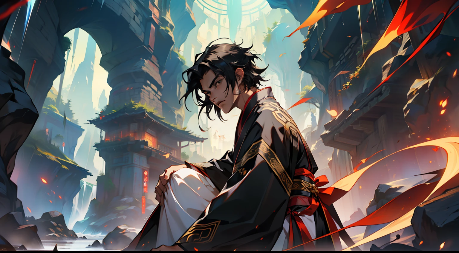 20, (1 person) (boy, (Black coatBlack Hanfu youth), (Black hair), kingly air, gorgeous, handsome, outstanding temperament, looks around) (Background: inside the cave)