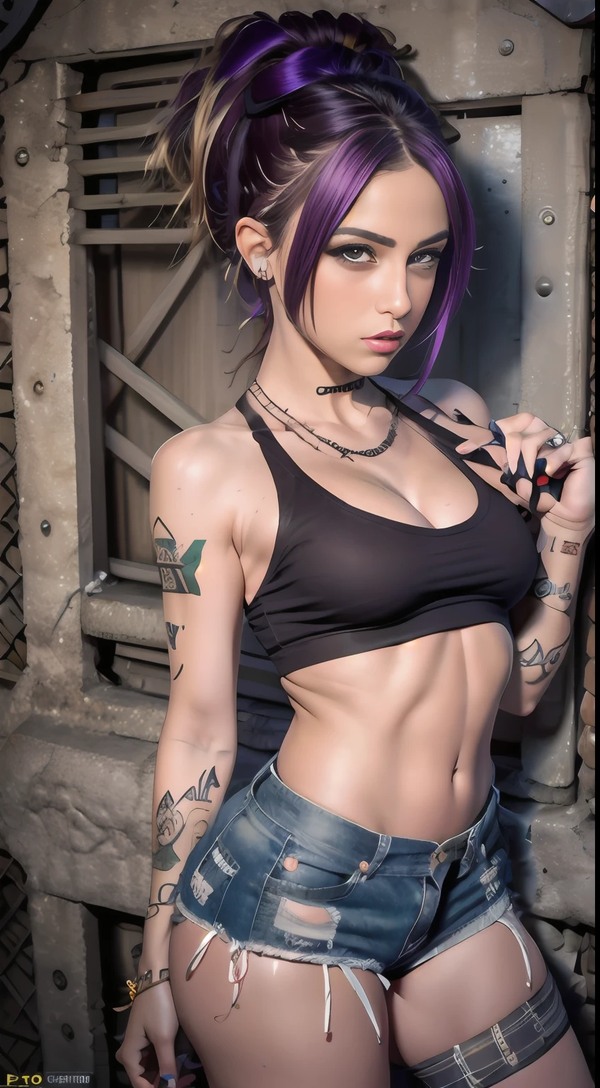 ((Toma de cuerpo completo, fotografia raw, dslr)) Tacticool, Hermosos dedos,Dedos detallados,Mujer, Cara europea, Estilo Tank Girl, Chica punk-rock(Pelo Corto morado y rosa: 1.5), muy tatuado, rebelde, agresiva, encantadora,Chica alternativa,falda militar,(Oeste: 1.2), Ametralladora en manos,militar, 4k, High resolution, obra maestra, La mejor calidad, (cabeza: 1.3), cuero finamente detallado, escote, Gran cerezo en flor.falda,Lean towards the viewer