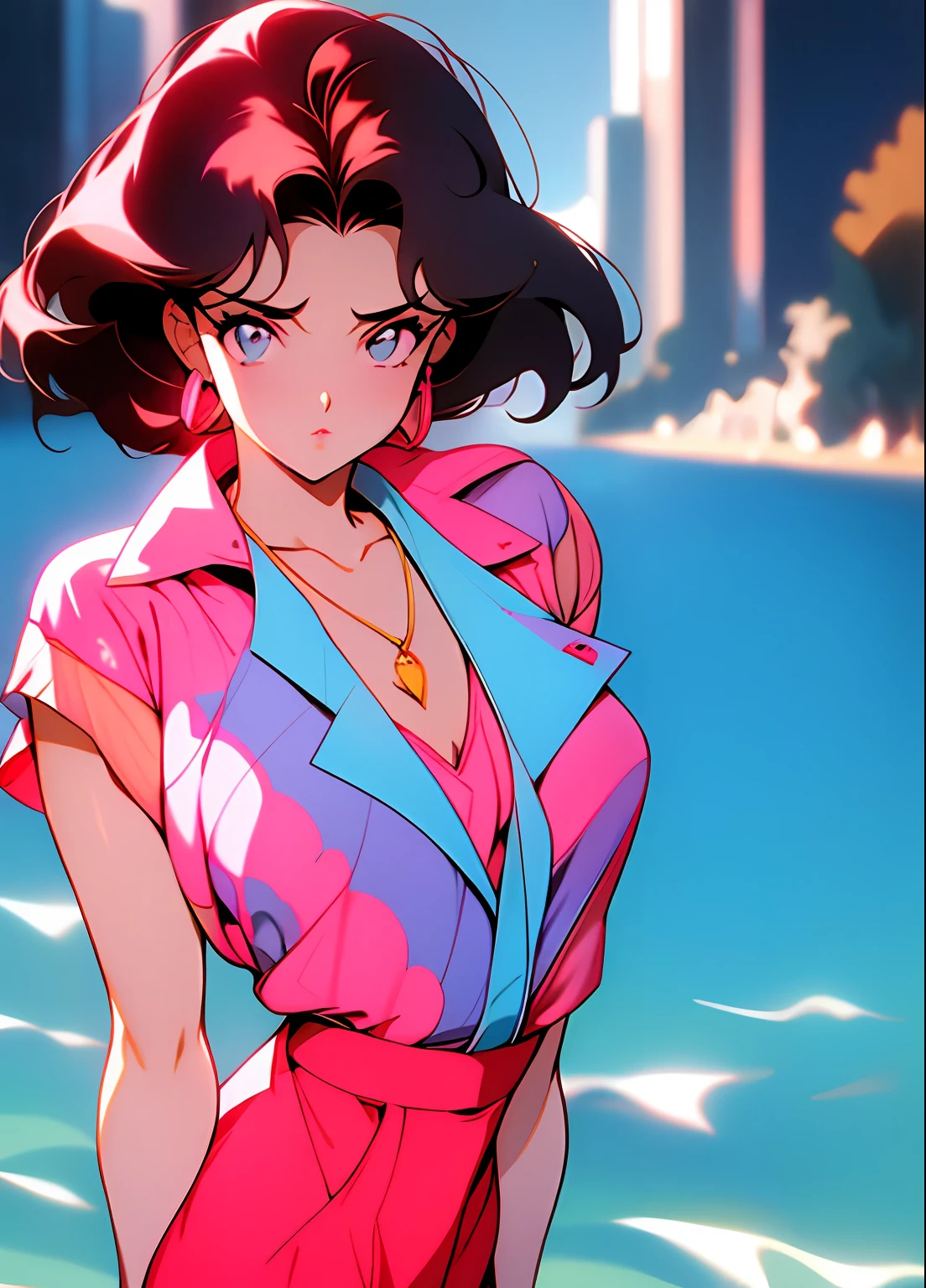 90's anime style，tmasterpiece，best qualityer，highest  quality，realisticlying，perfectanatomy，perfectface，Perfect eyes，long eyelasher，largeeyes，eye glass，lipstick，Business suit，1girll，独奏，（short detailed hair），shift dresses，eBlue eyes，shairband，Pink dress，blacksilk，exteriors,