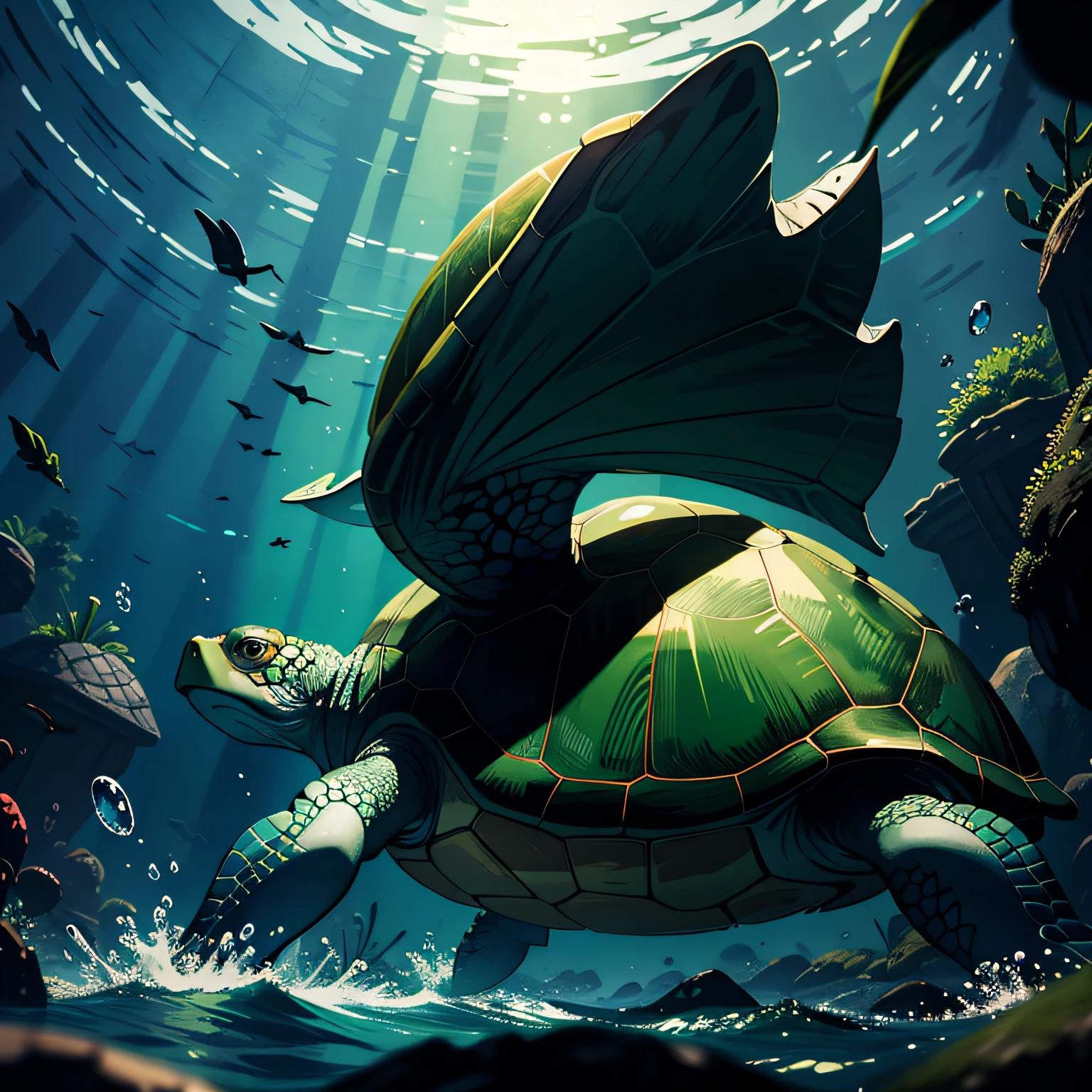 A turtle,Turtle,green color,Under water, hyper HD, Masterpiece, High quality