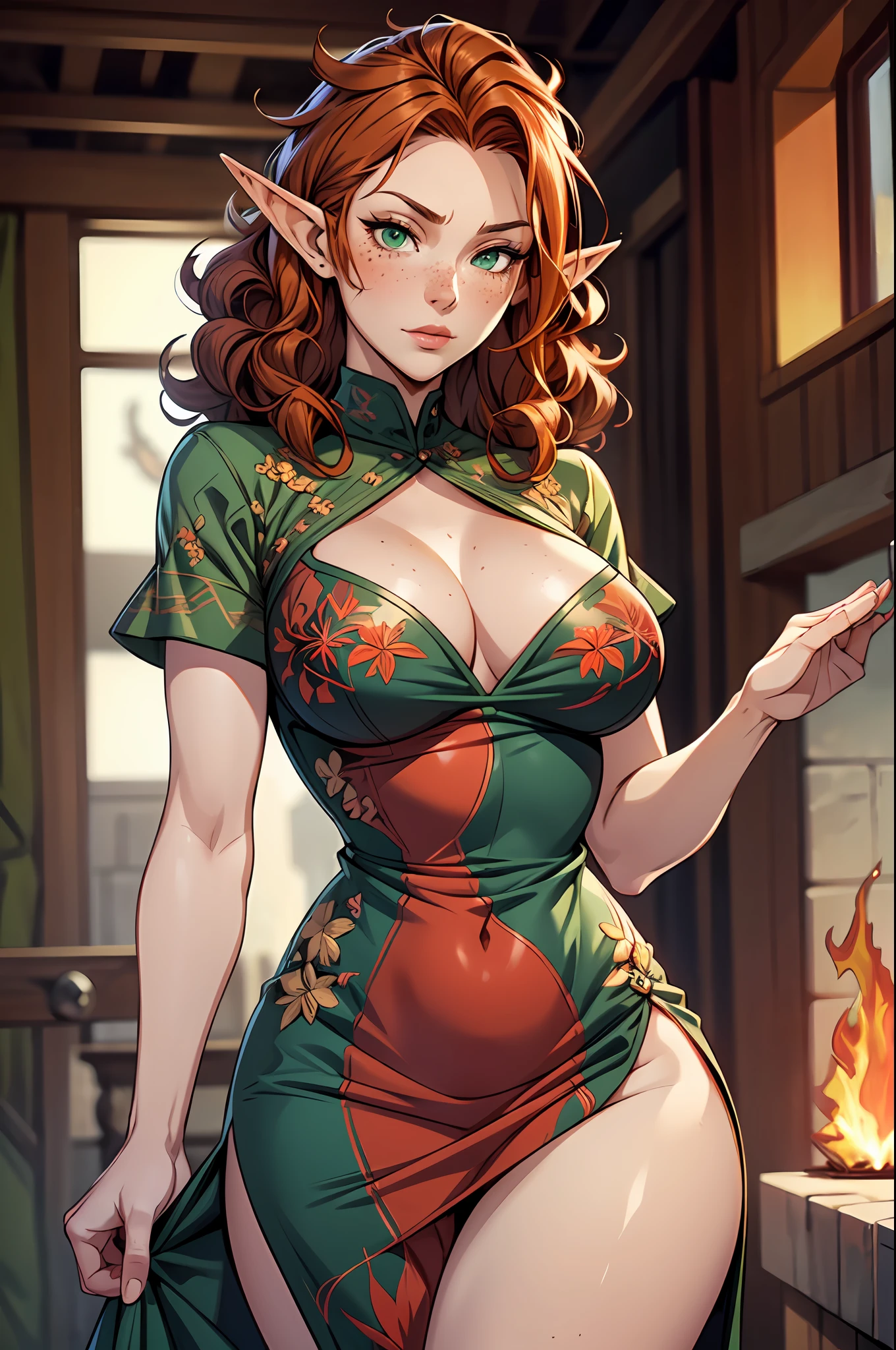 woman, (mature:1.3), tall, busty, elf ears, Fiery auburn hair, curly hair, freckles, green eyes, medium breasts, red-tinted skin, seductive, staring down at viewer, embroidered dress