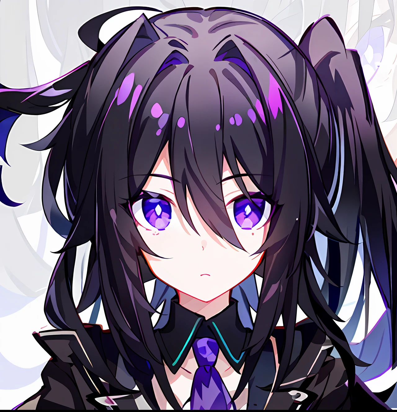 black color hair,Tie a high ponytail,Adult female with purple eyes,The expression is serious,The expression is cold